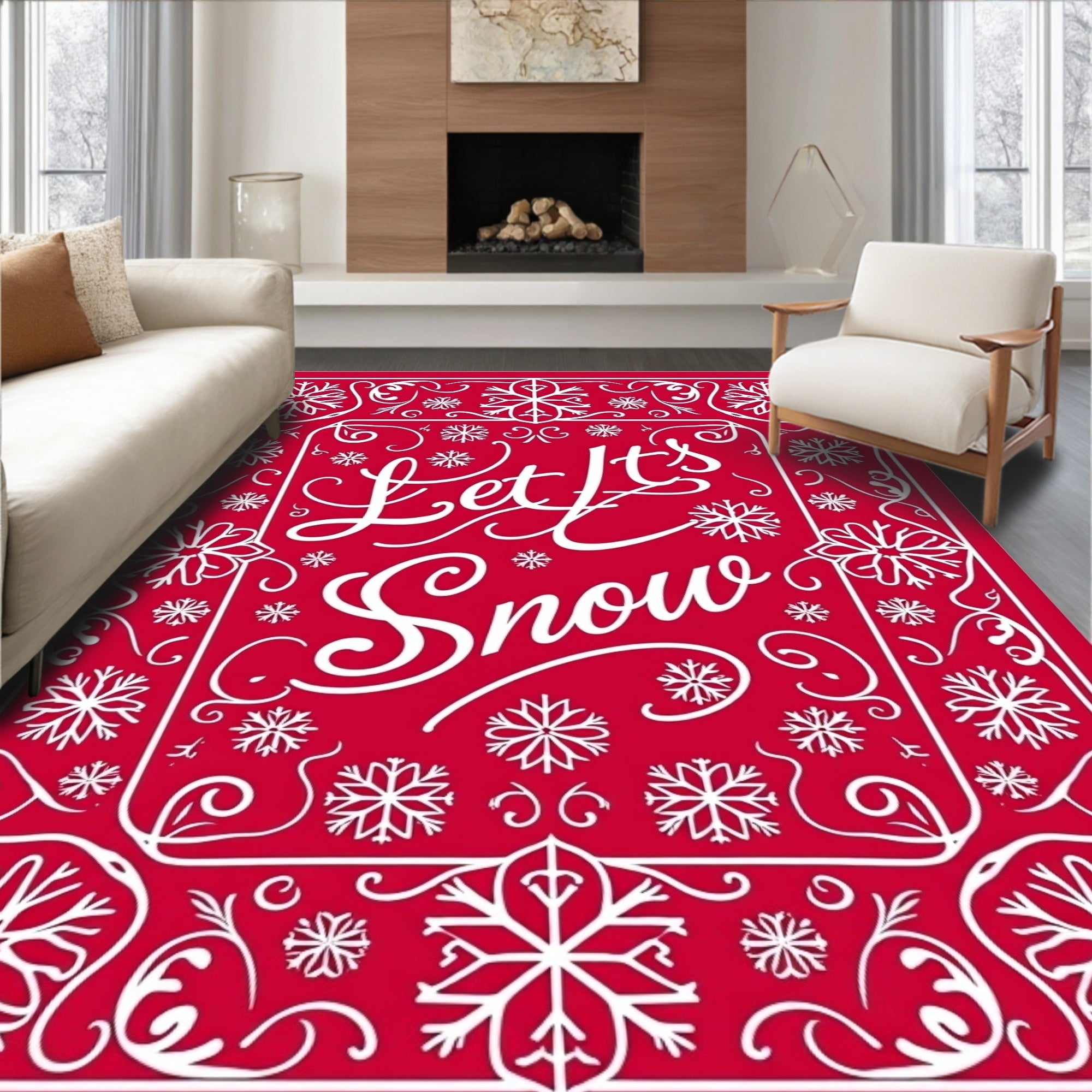White Snowflakes Border Holiday Rug