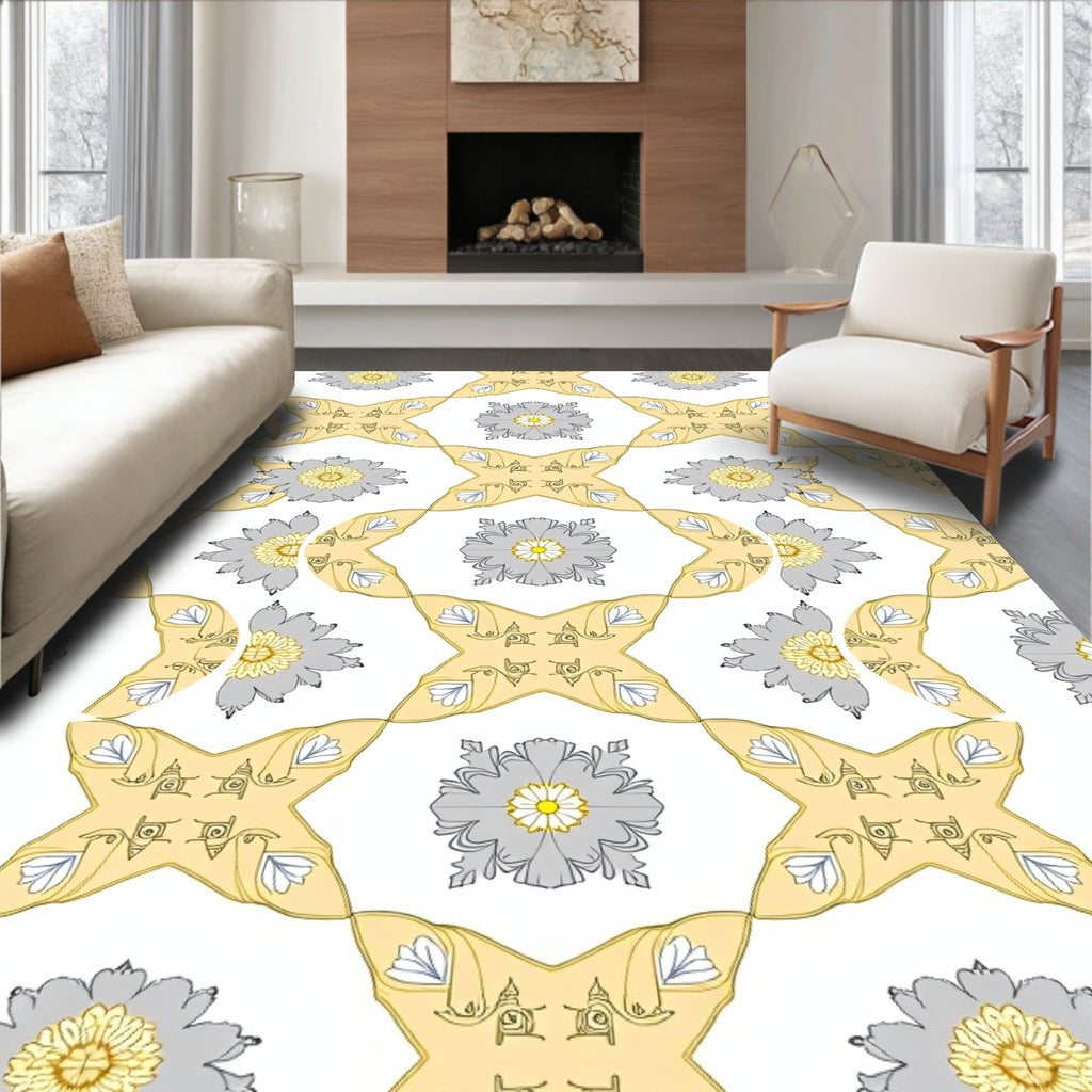 Golden Yellow Gray Floral Medallion Rug