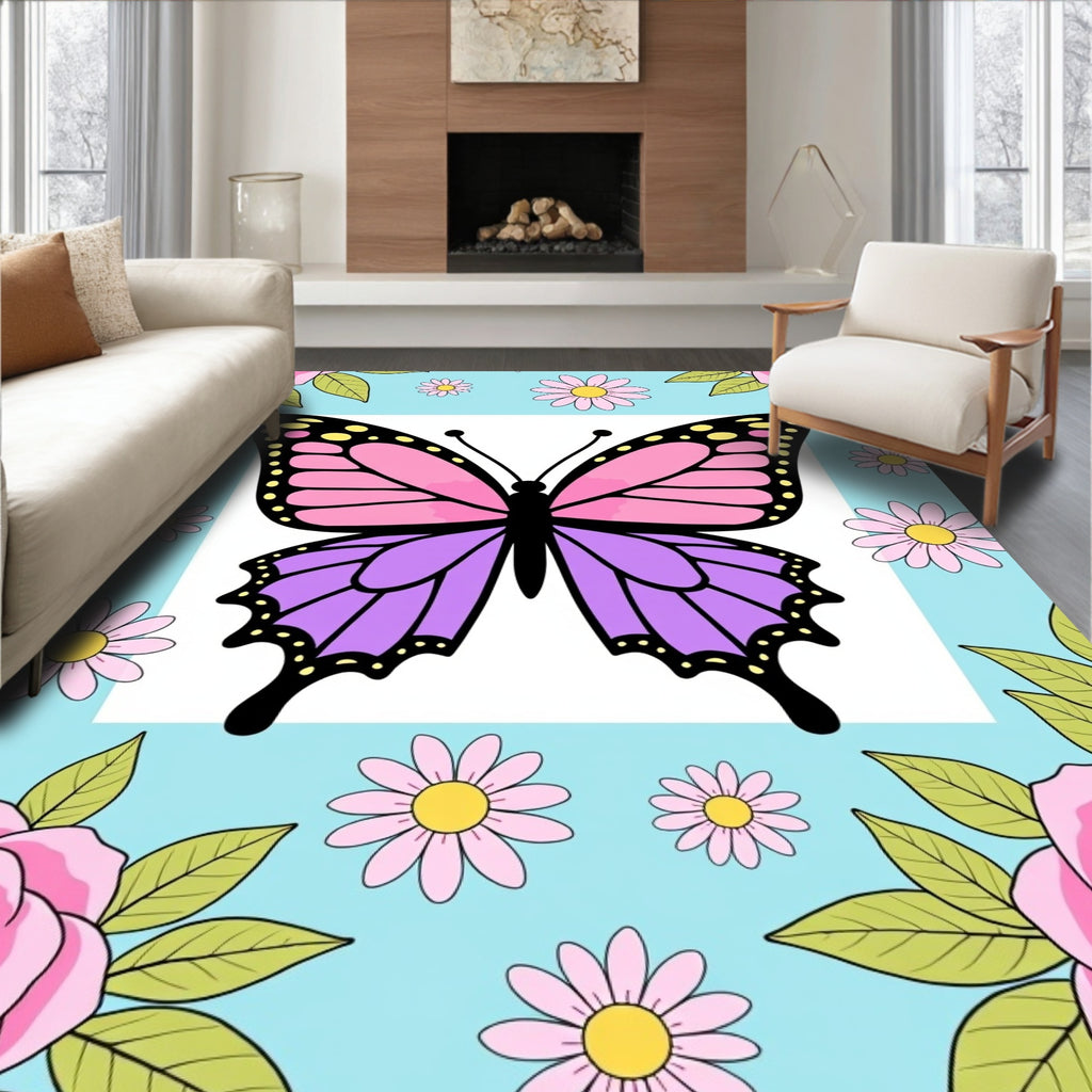 Pastel Pink Purple Butterfly Garden Rug