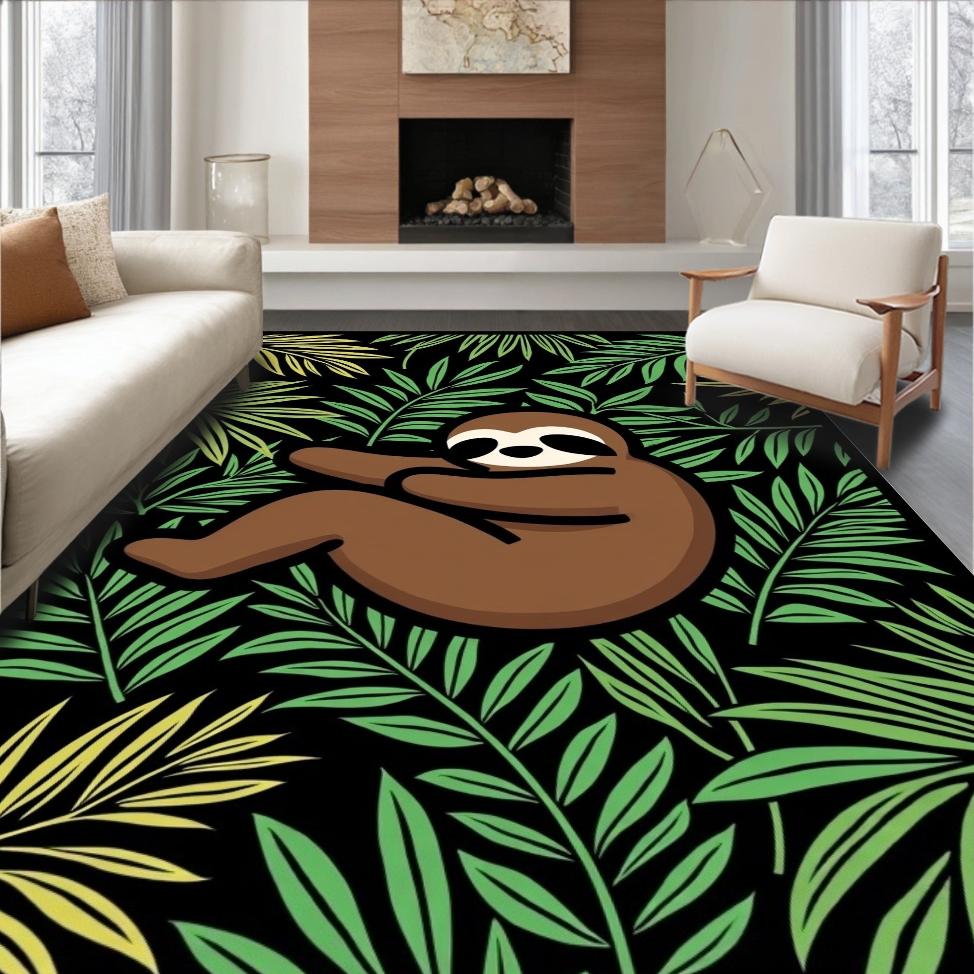 Brown Sloth Amidst Green Palm Fronds Rug