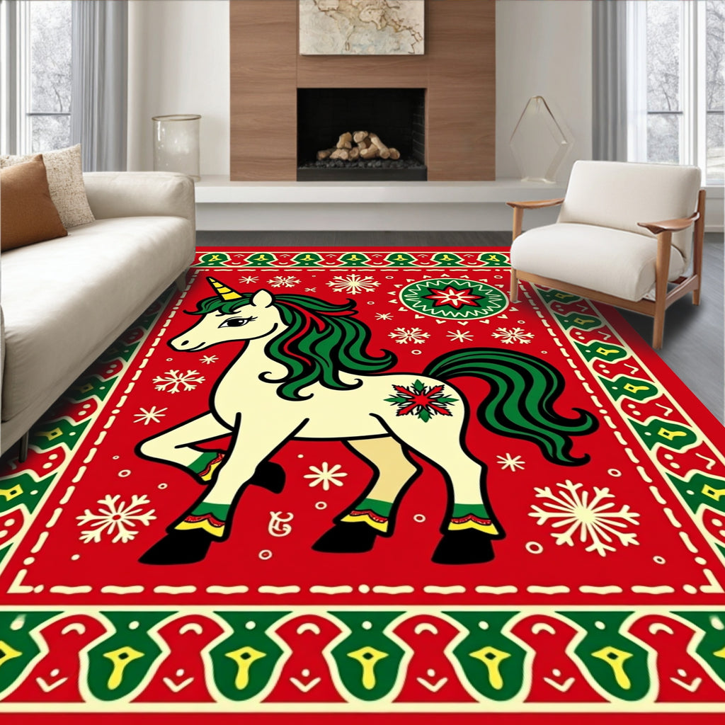 Festive Whimsical Unicorn Snowflake Christmas Rug
