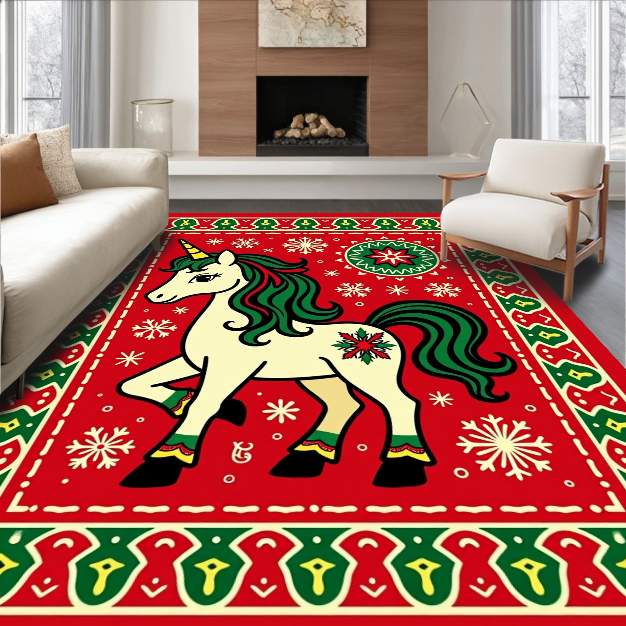 Festive Whimsical Unicorn Snowflake Christmas Rug