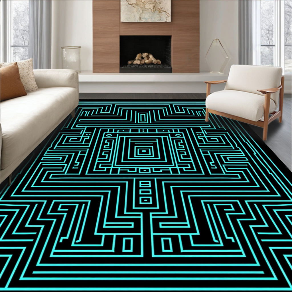 Electric Blue Maze Geometric Rug