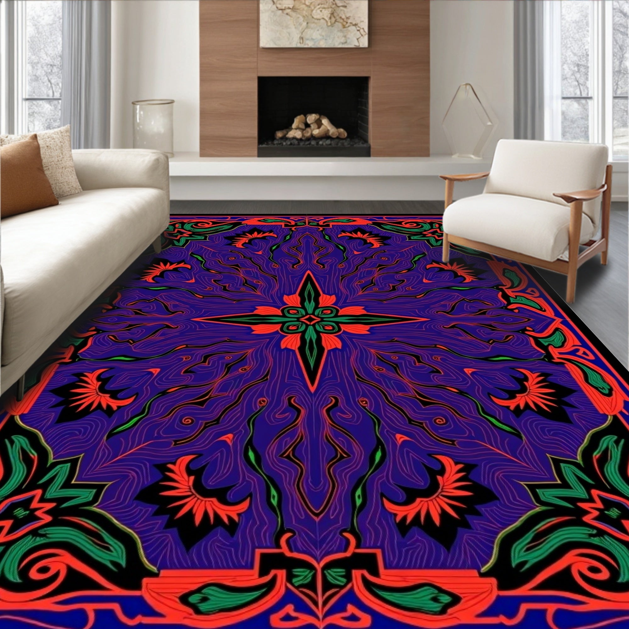 Vibrant Purple Floral Scrollwork Rug