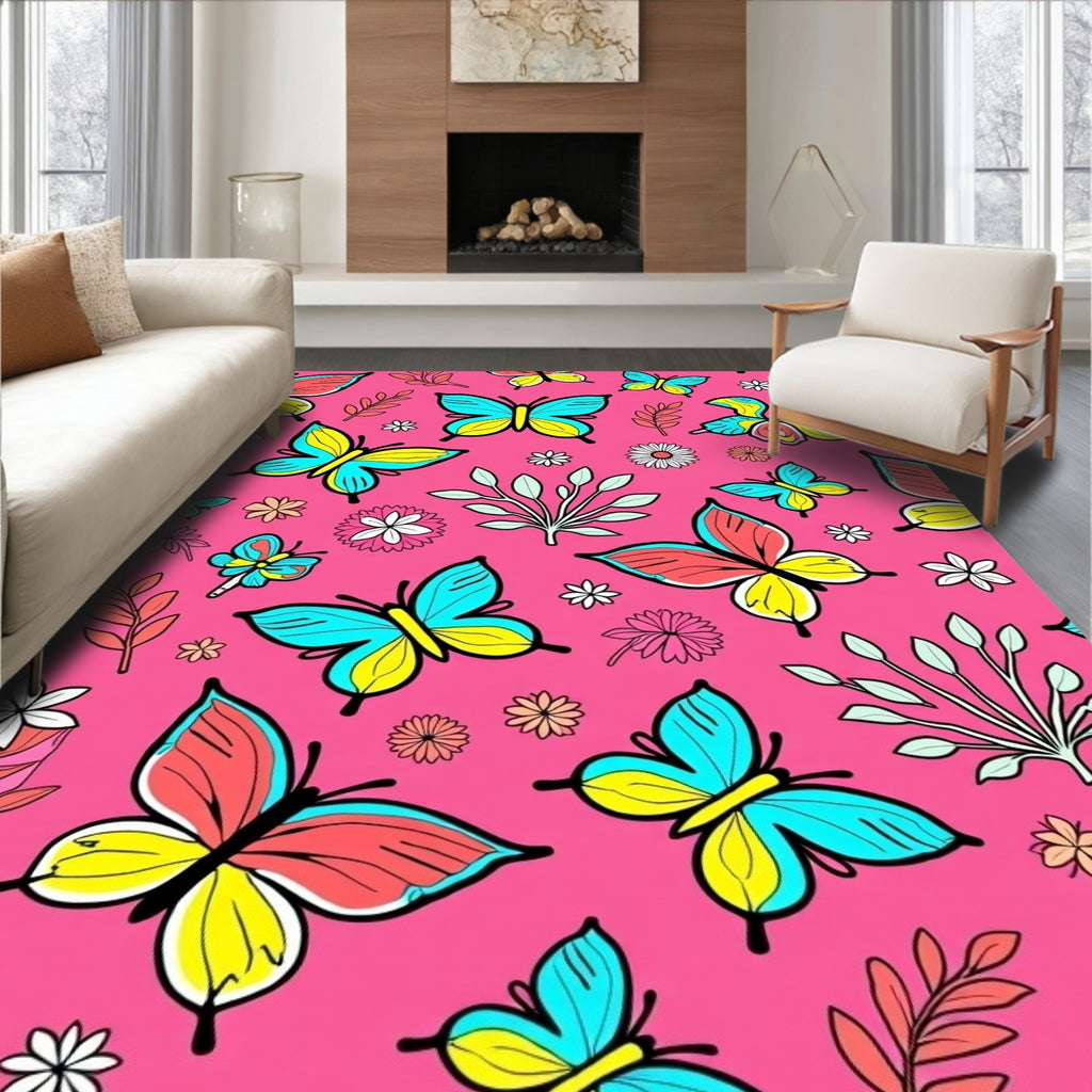 Bright Pink Butterfly Floral Collage Rug
