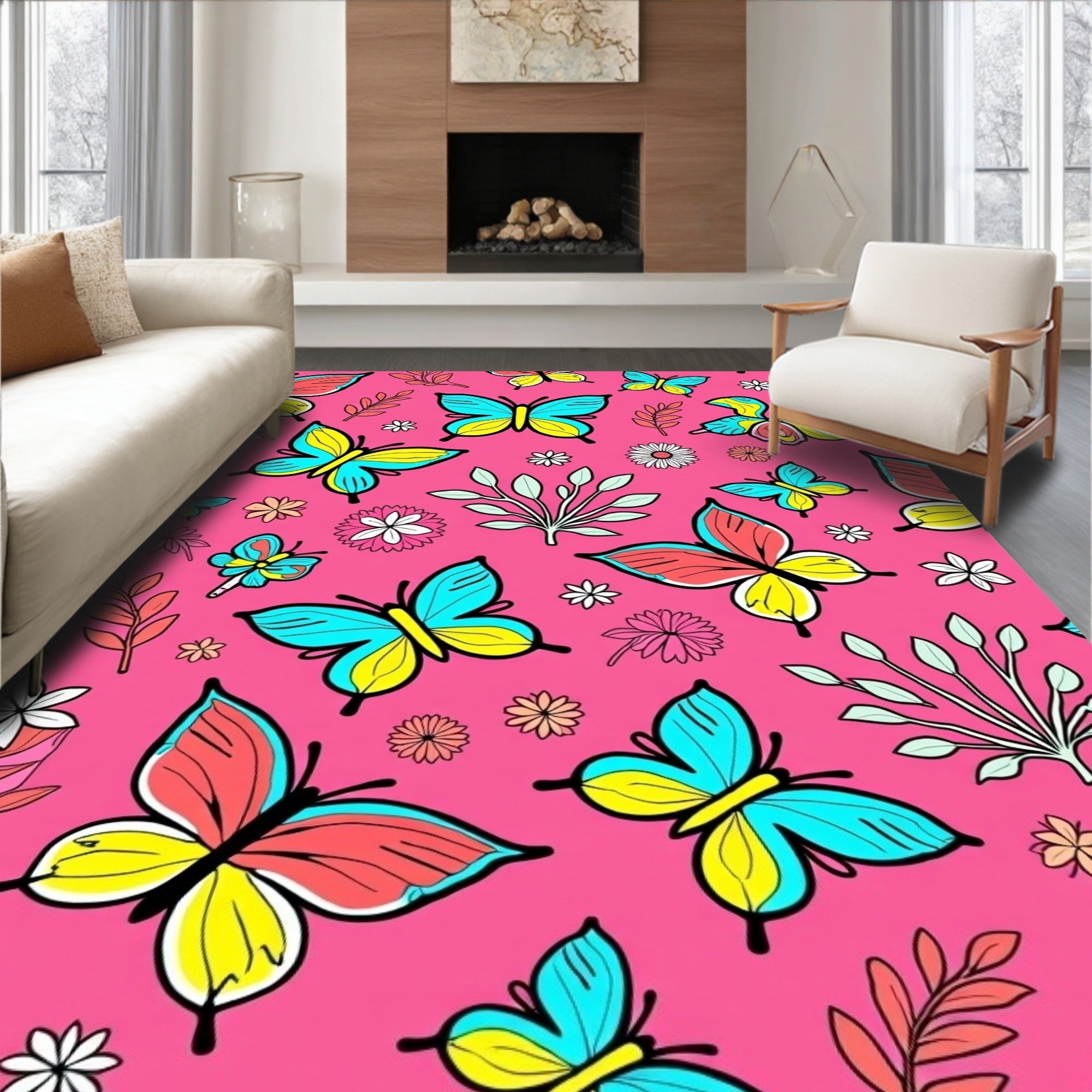 Bright Pink Butterfly Floral Collage Rug