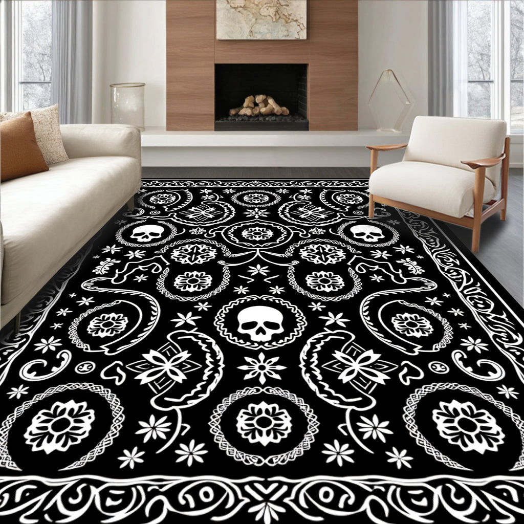 Black and White Skull Floral Scroll Rug