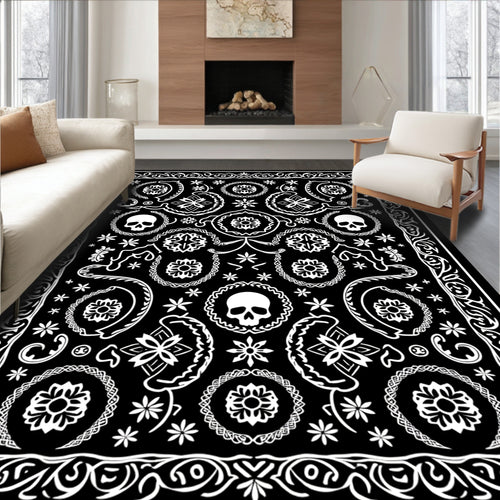 Black and White Skull Floral Scroll Rug