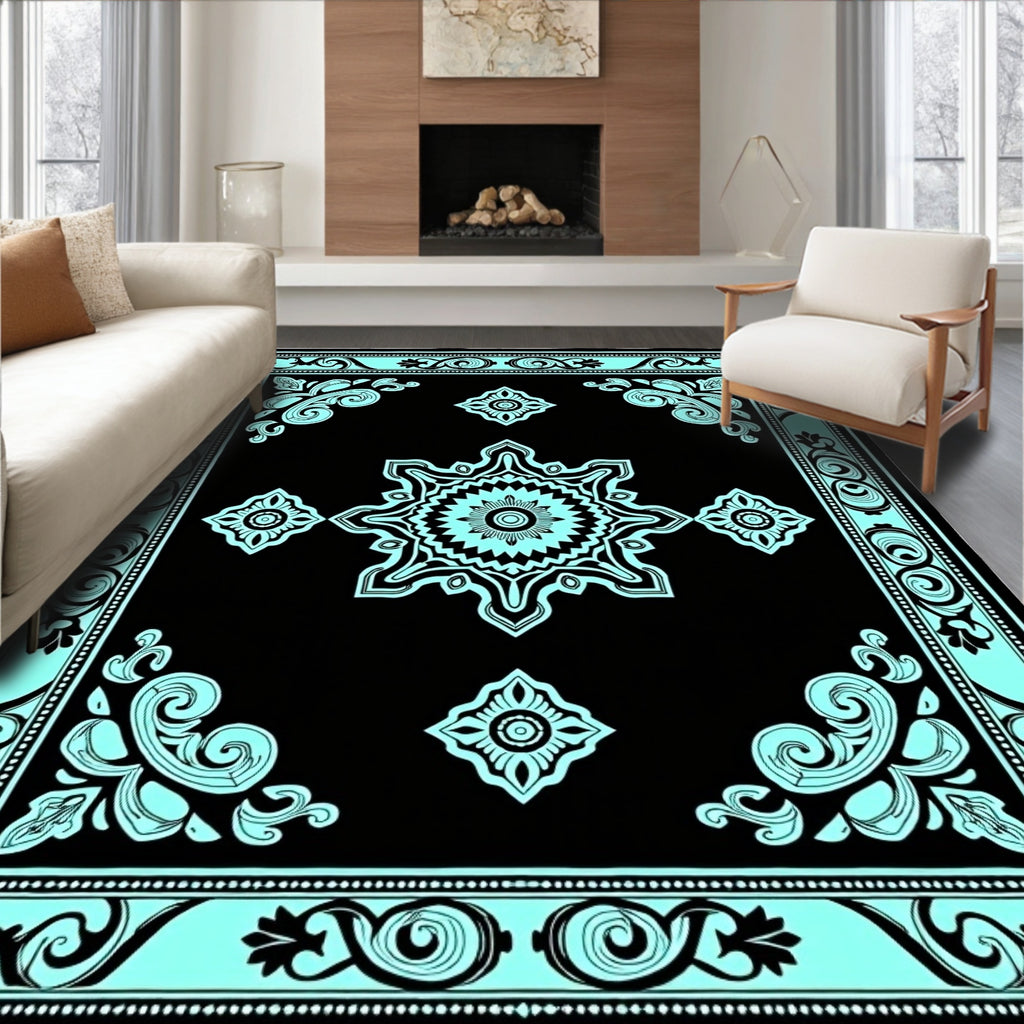 Black Aqua Floral Medallion Border Rug