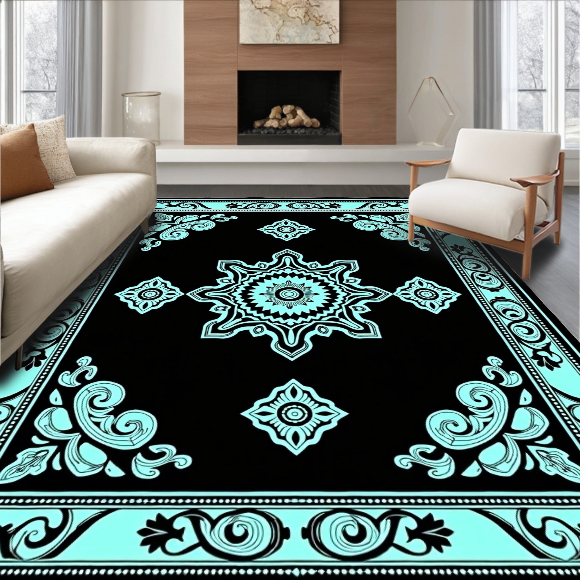 Black Aqua Floral Medallion Border Rug