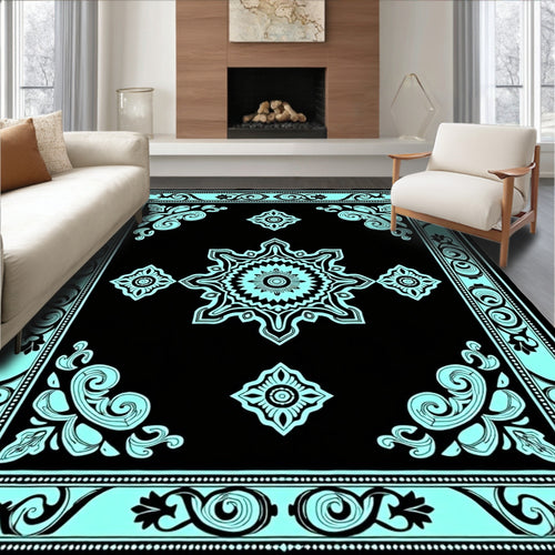 Black Aqua Floral Medallion Border Rug