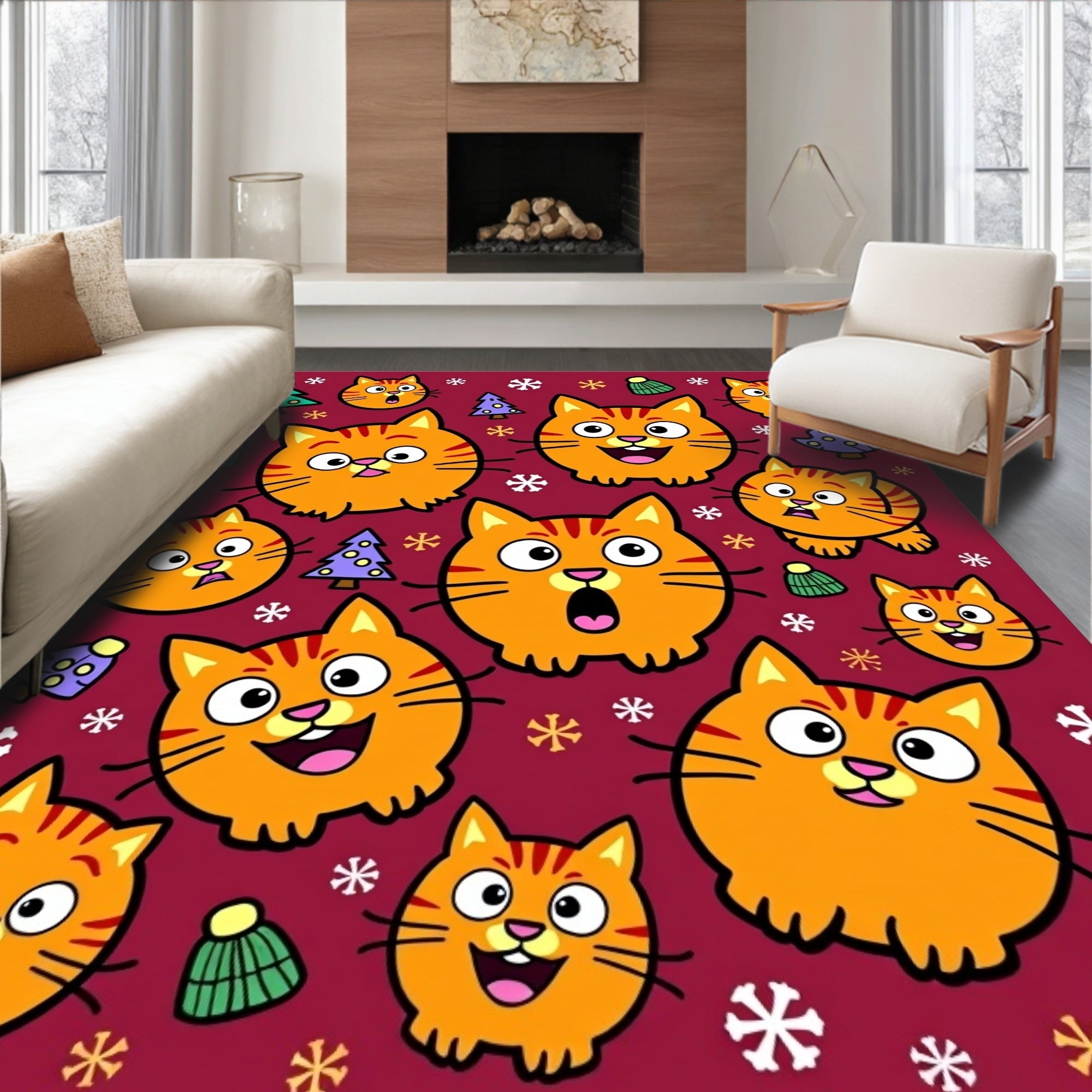 Cute Orange Cat Holiday Snowflakes Trees Rug