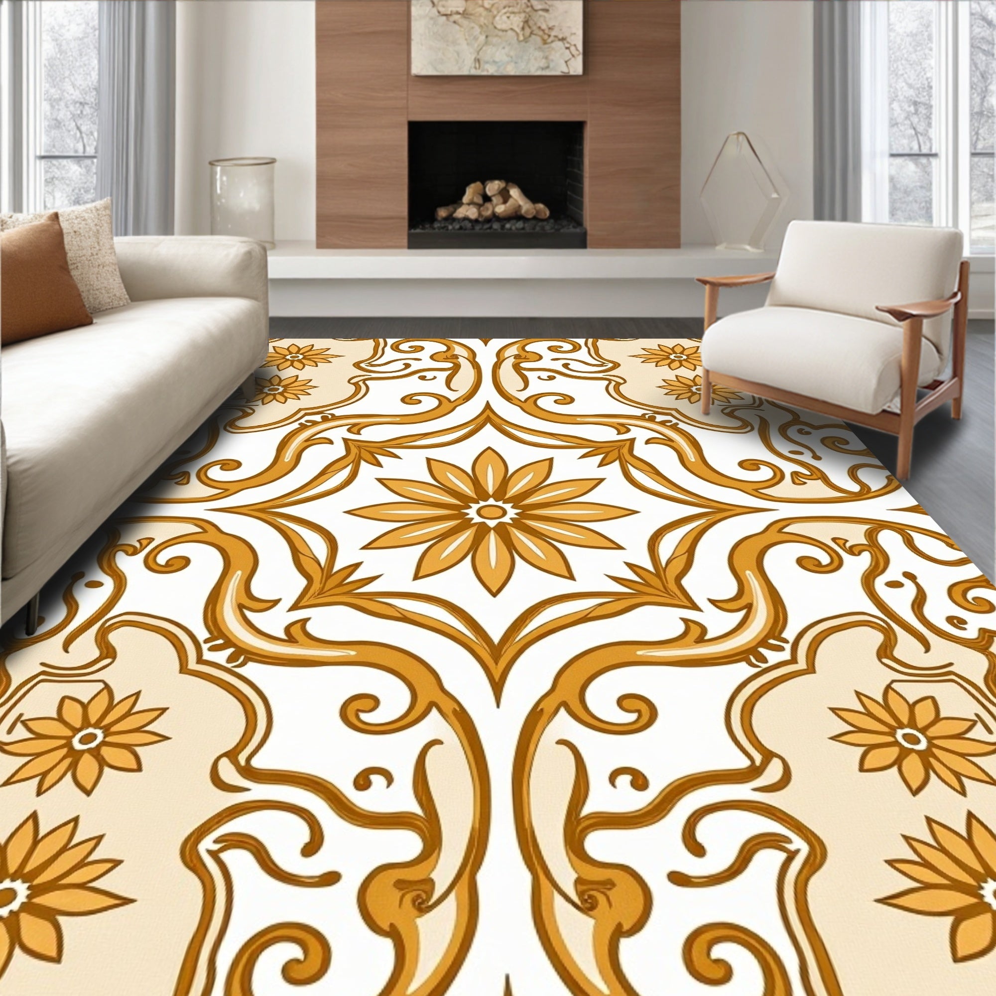 Golden Floral Scrollwork Medallion Rug