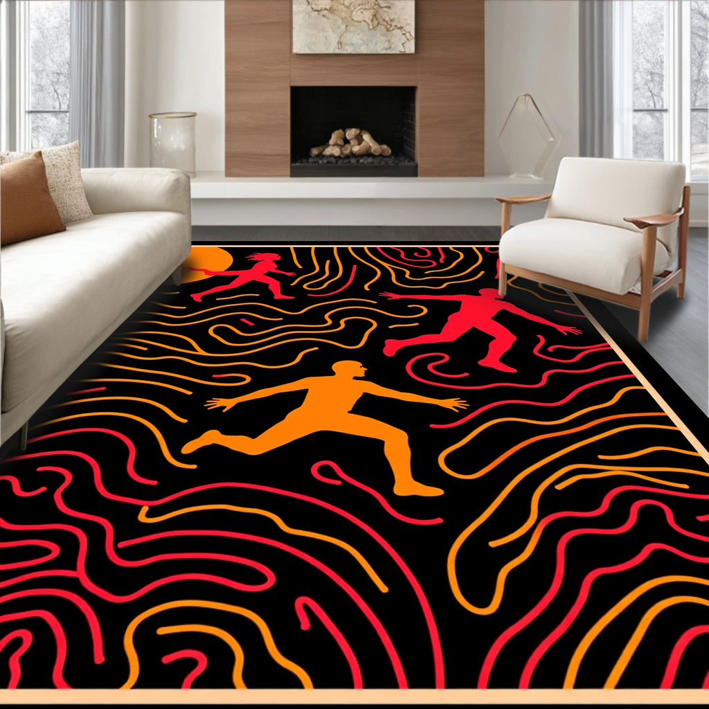 Crimson Orange Figures Abstract Maze Rug