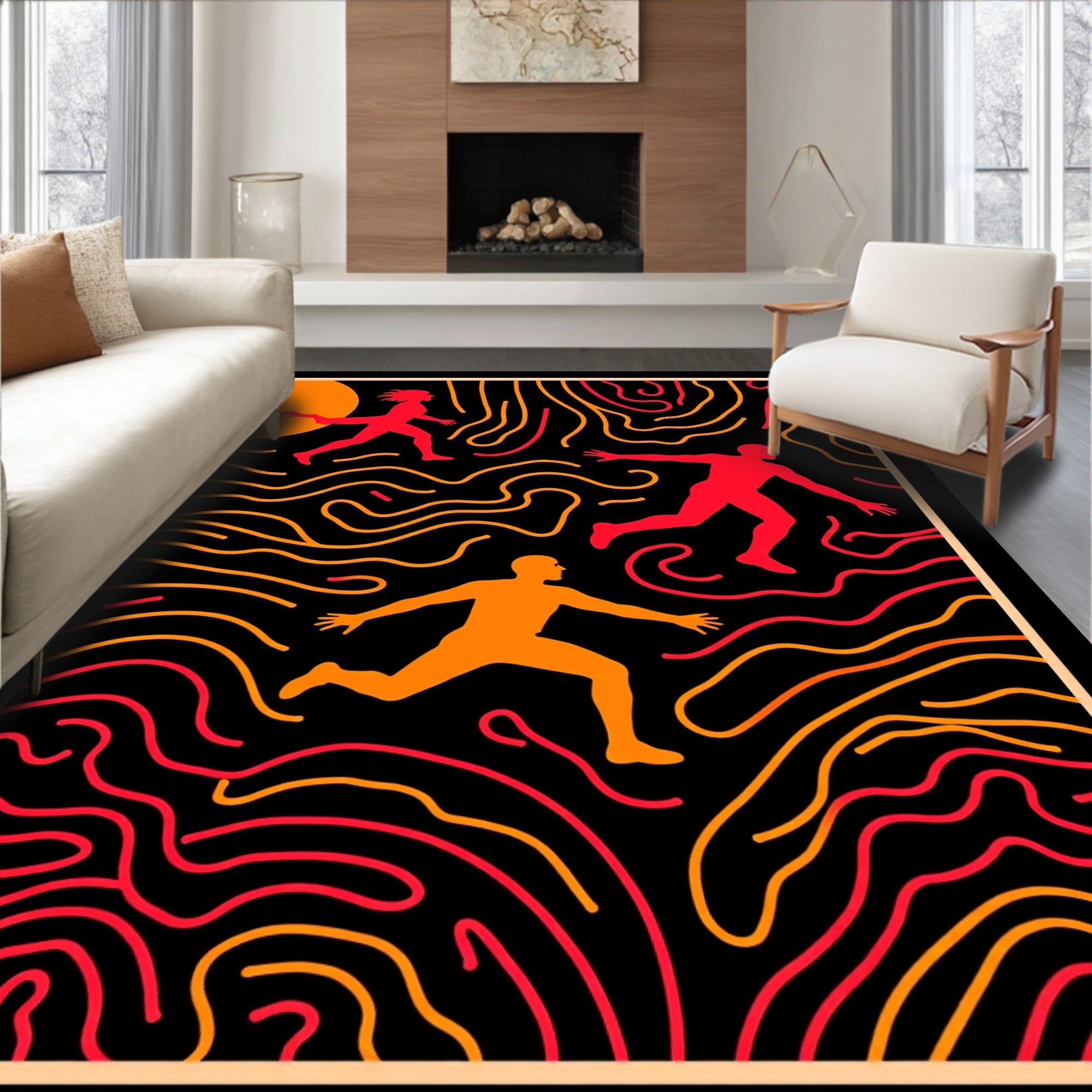 Crimson Orange Figures Abstract Maze Rug
