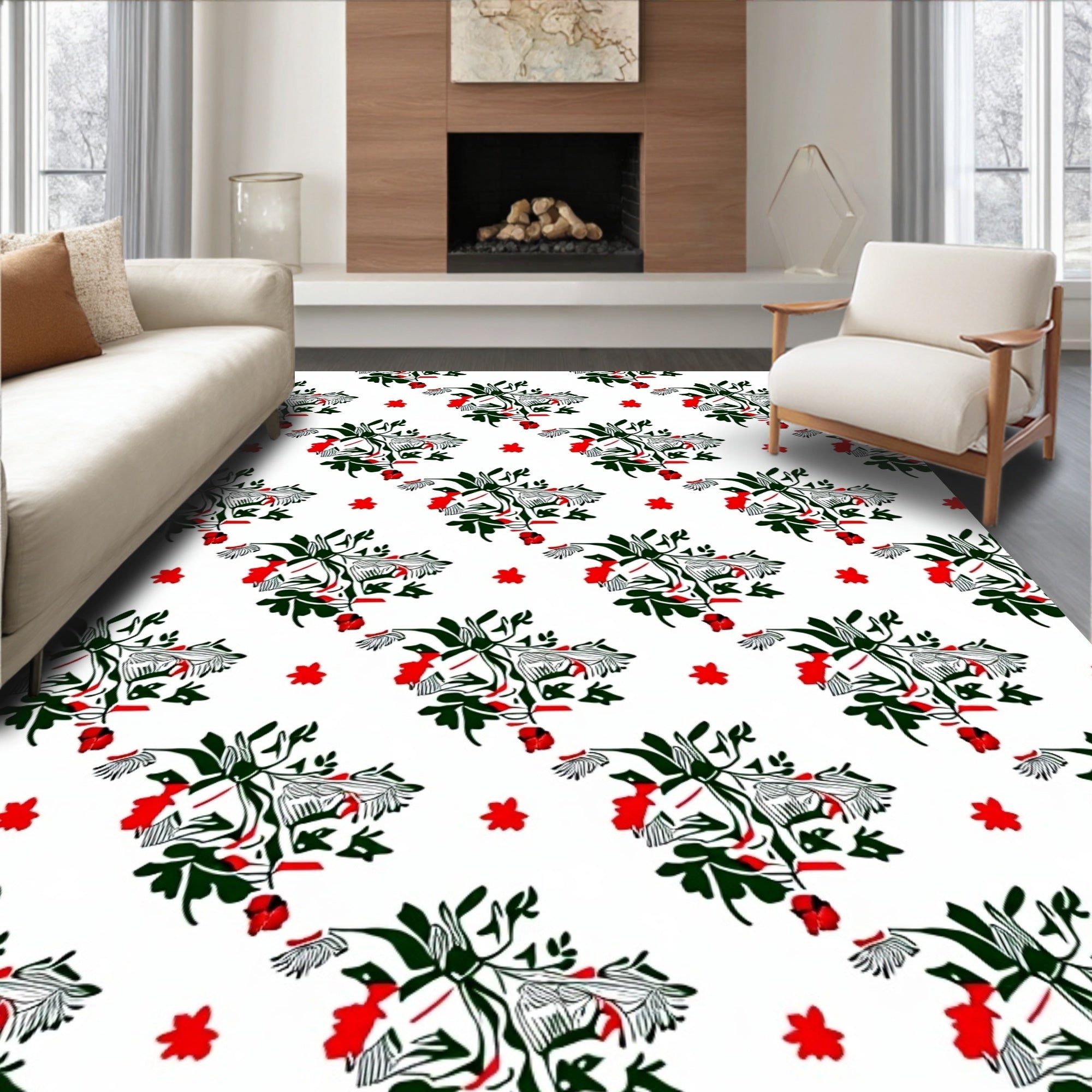 Red Green Abstract Floral Arrangement Rug