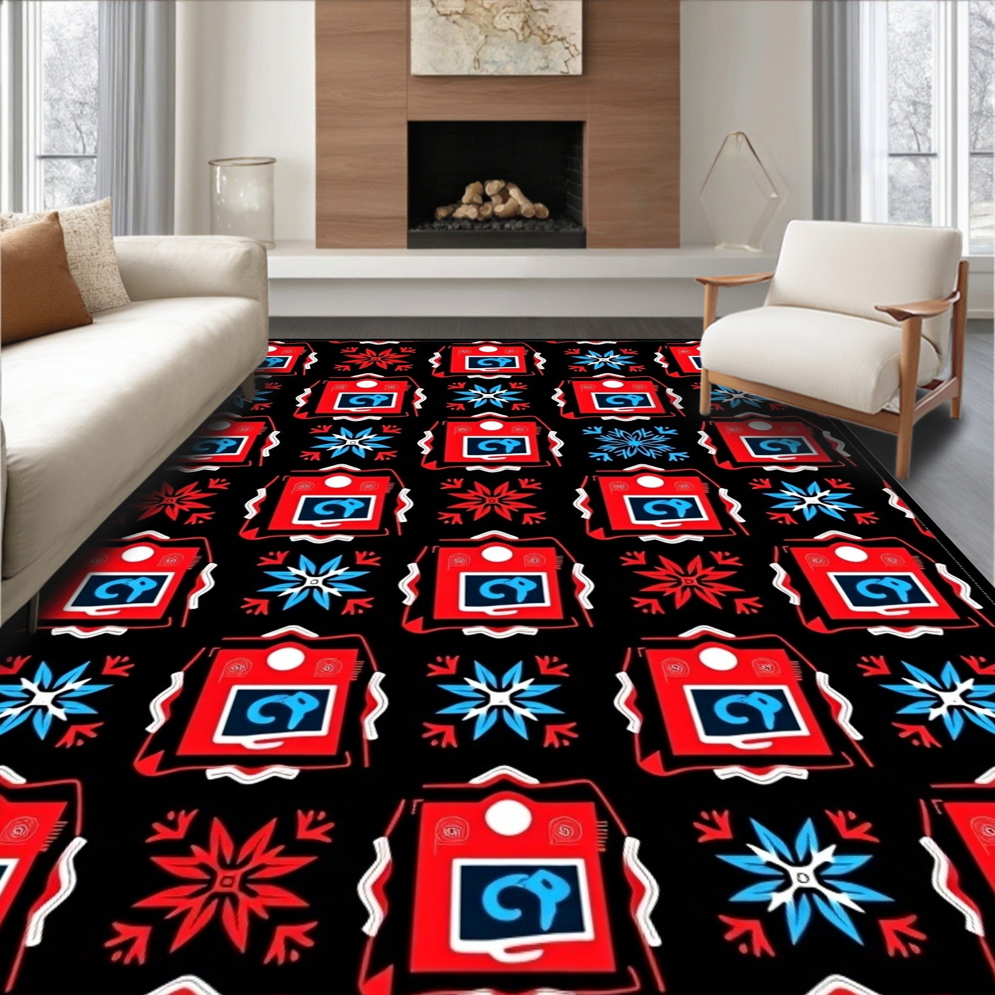 Bold Red Blue Square Medallion Rug