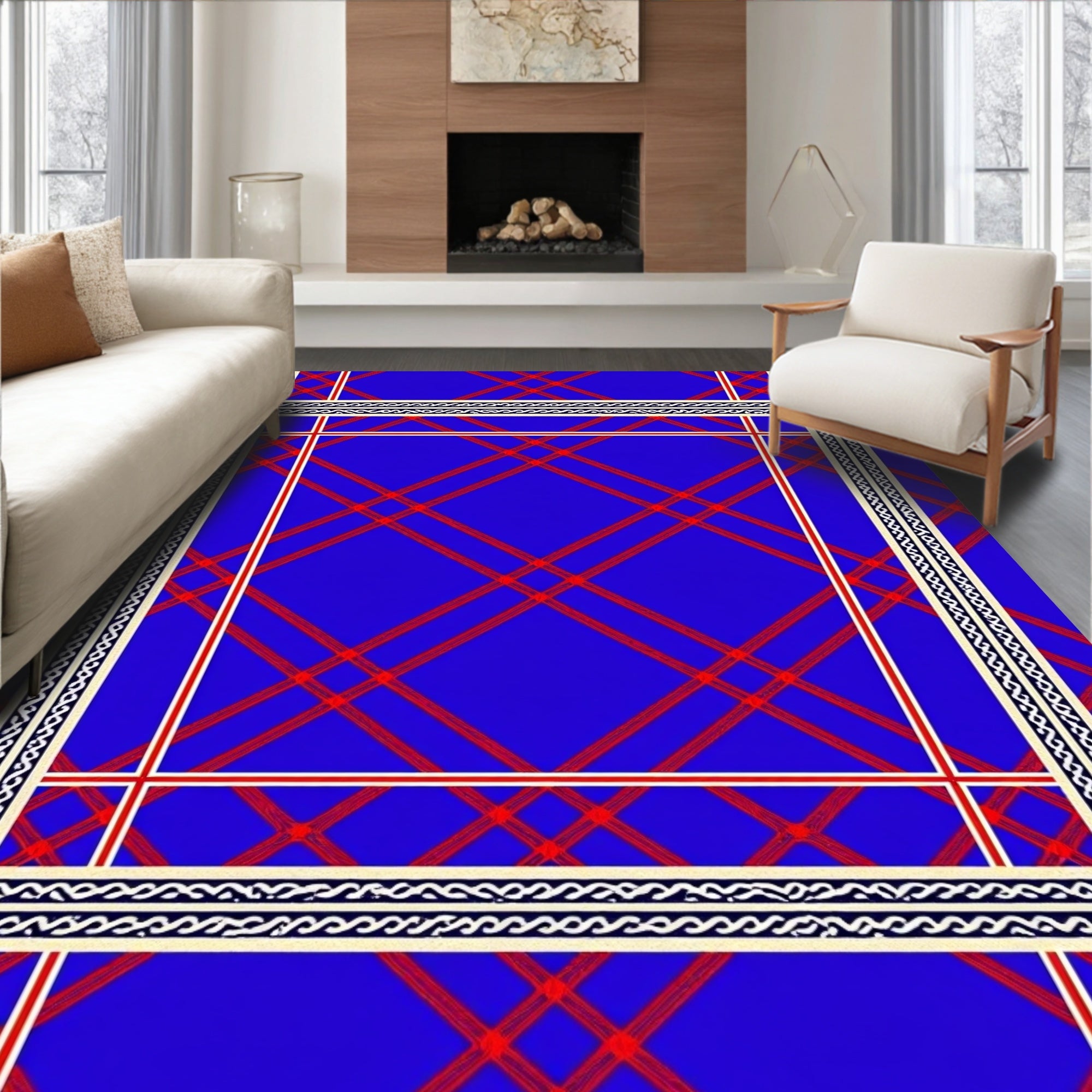 Bold Red Plaid Bordered Azure Rug