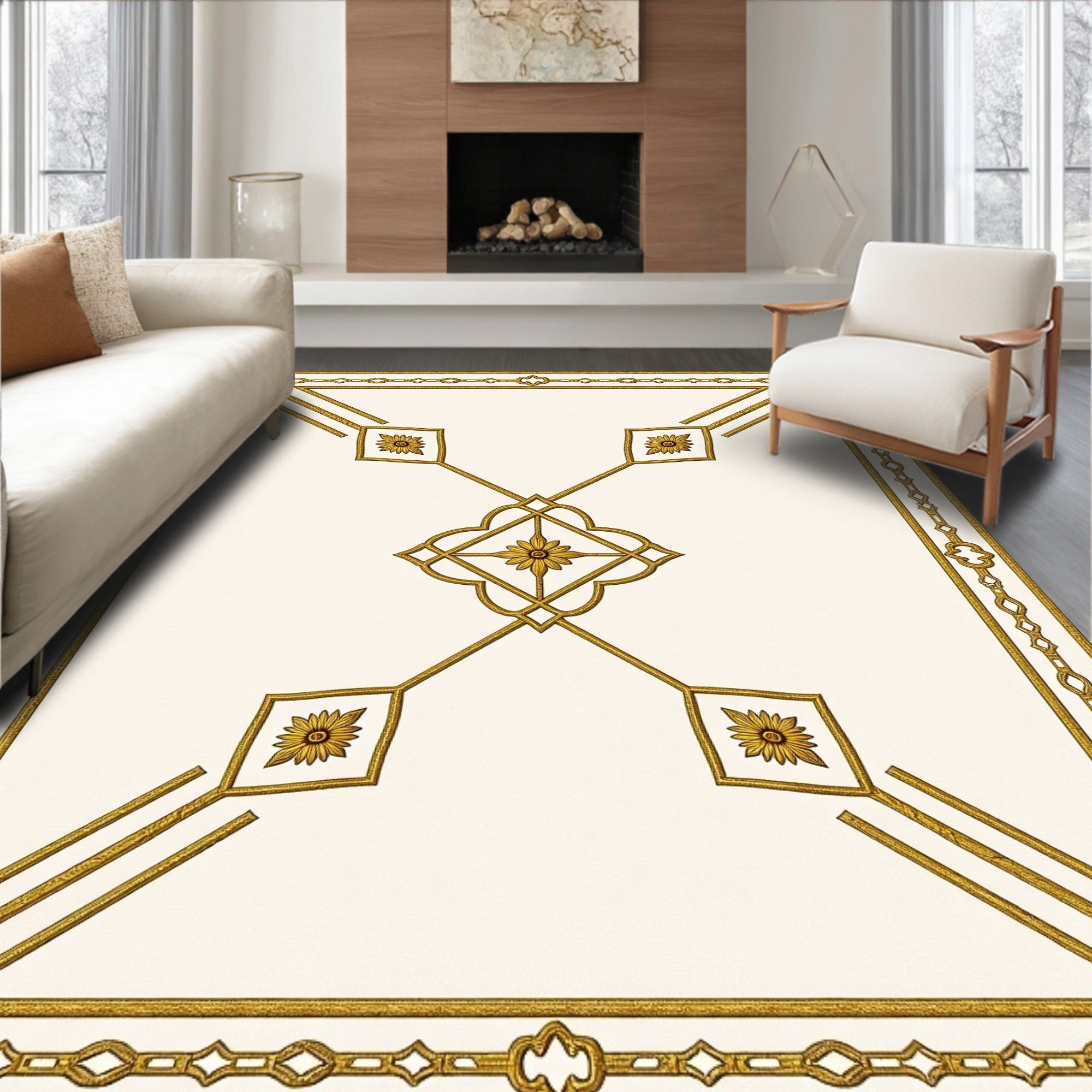 Golden Floral Quadrant Geometric Rug