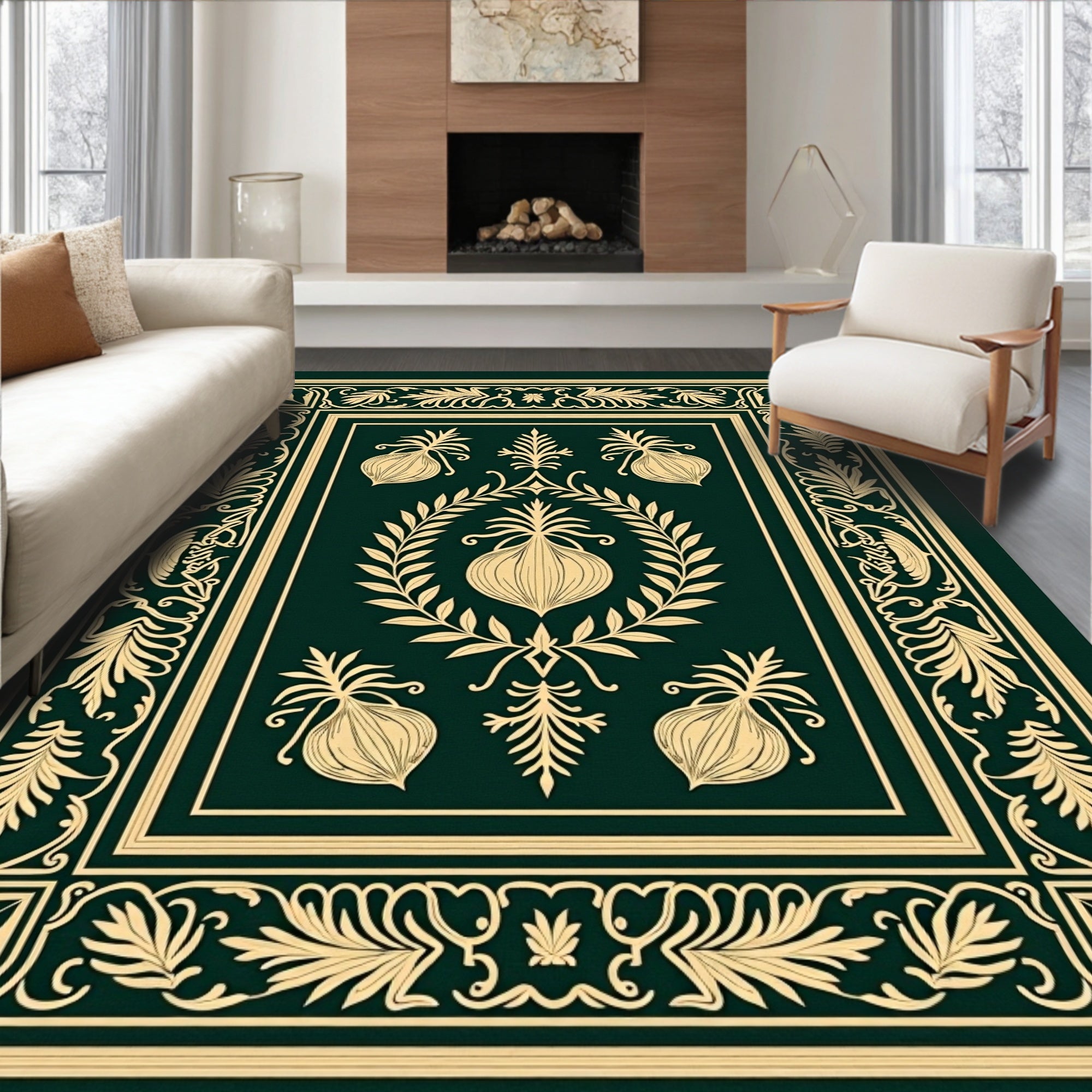 Vintage Emerald Onion Laurel Border Rug