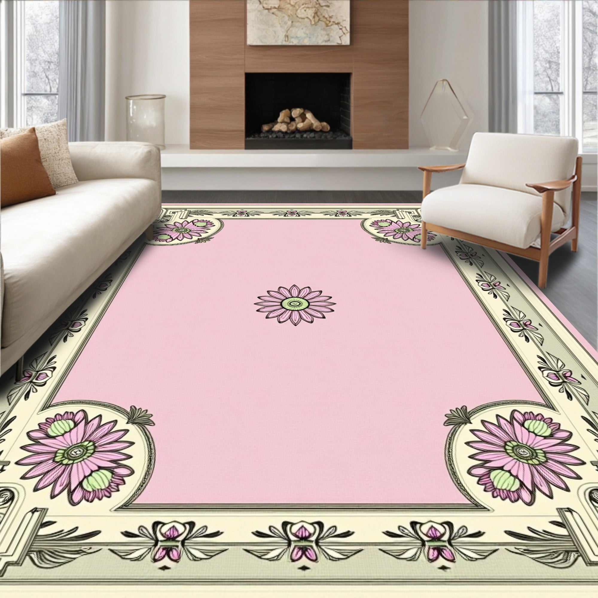 Pink Daisy Floral Bordered Square Rug