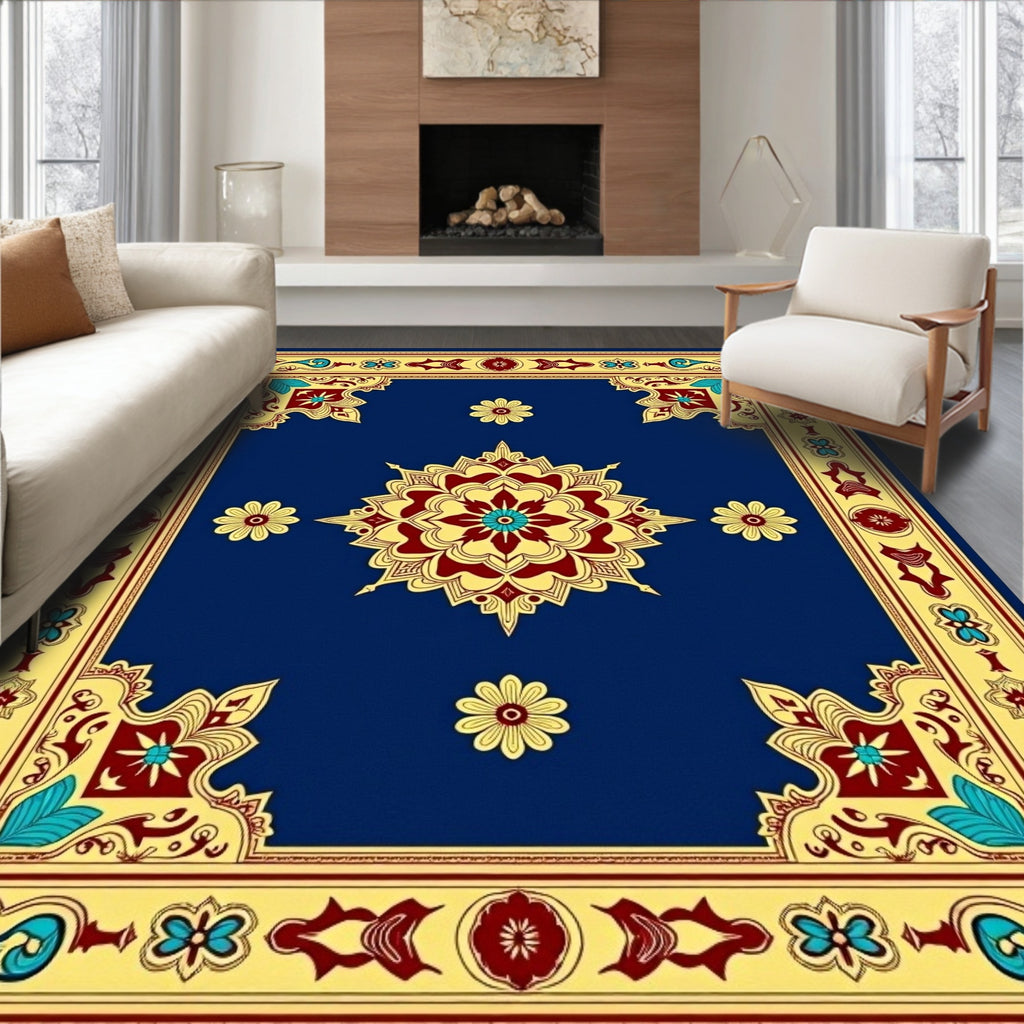 Deep Blue Red Yellow Medallion Border Rug