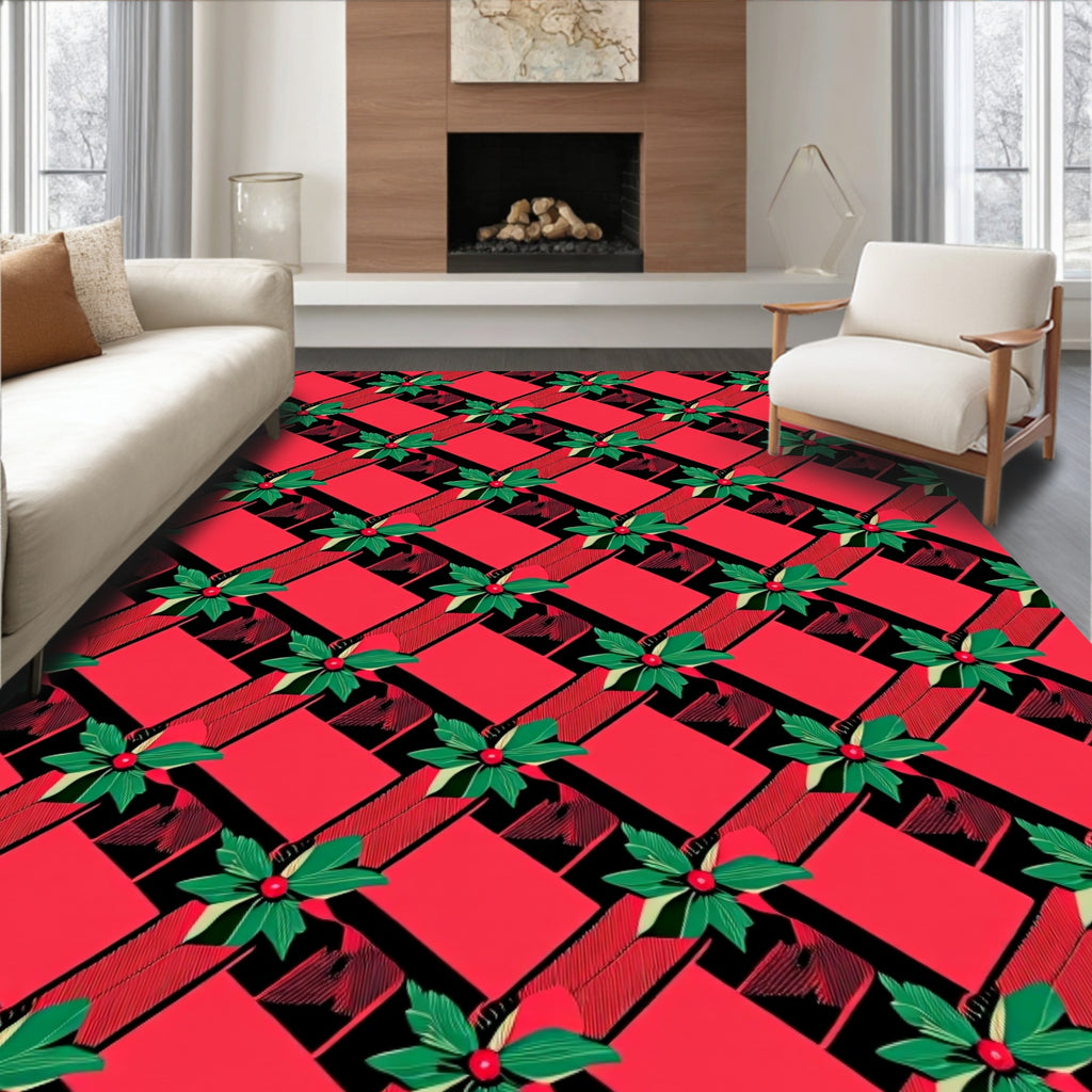 Red Green Floral Plaid Diamond Rug