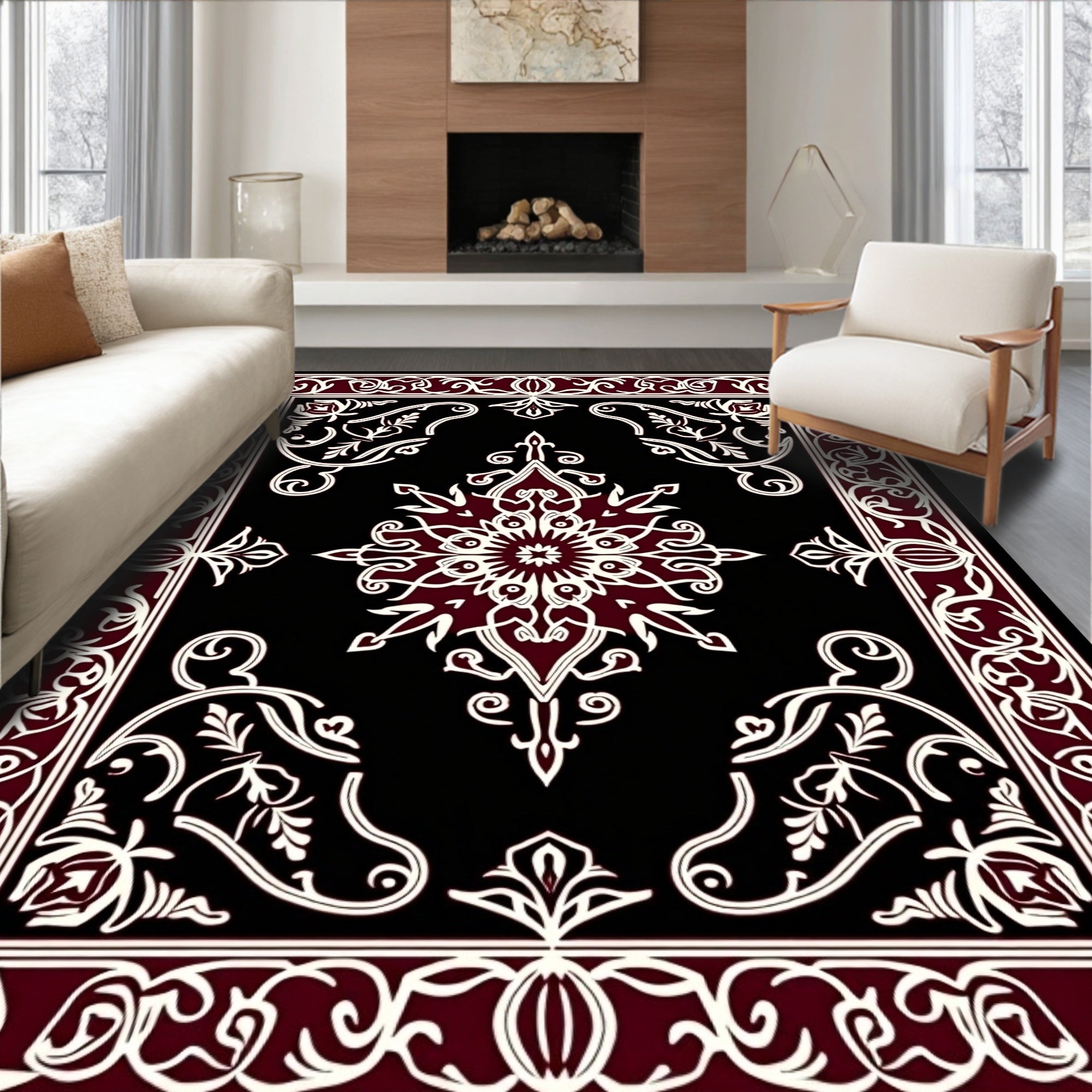 Crimson Ivory Ornate Medallion Border Rug