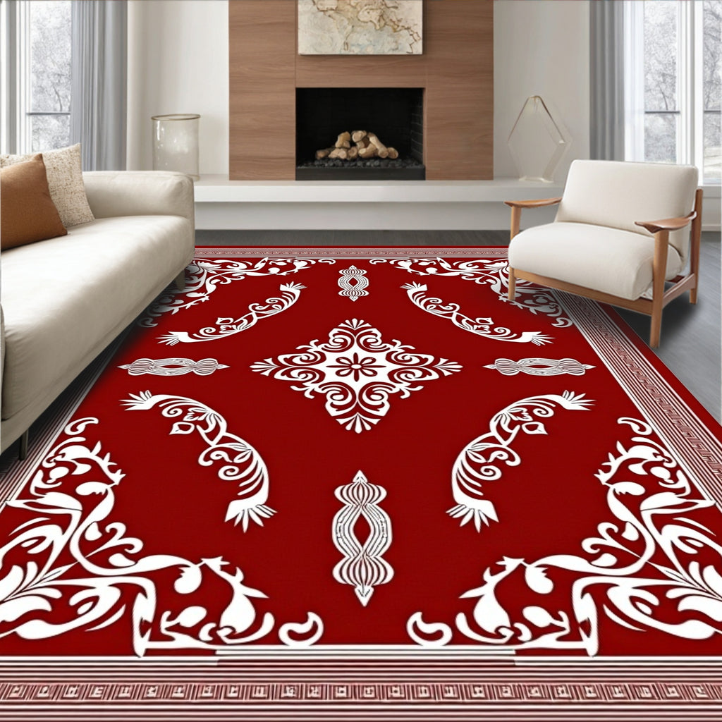 Crimson Floral Bordered Mandala Rug