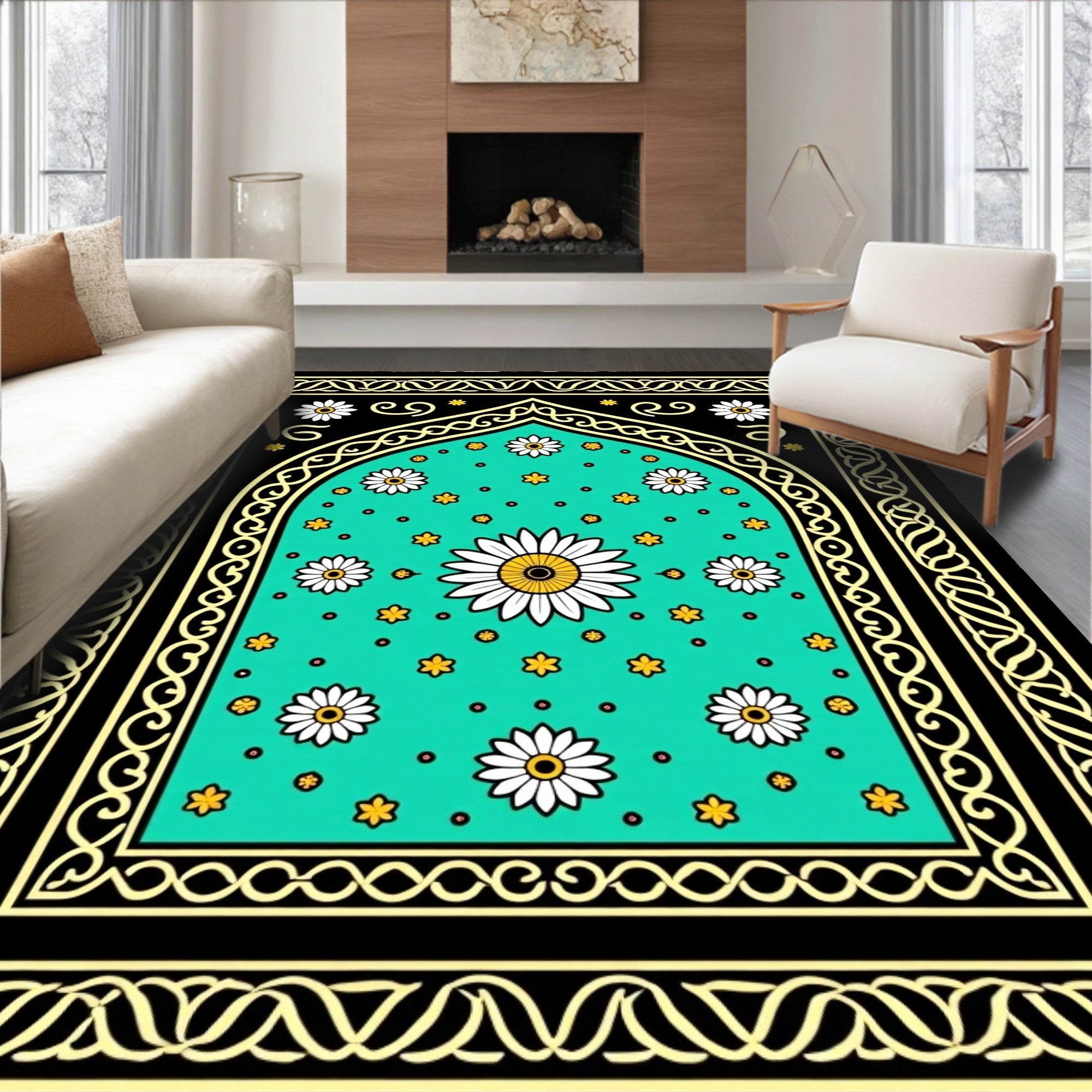 Teal Daisy Garden Arch Rug