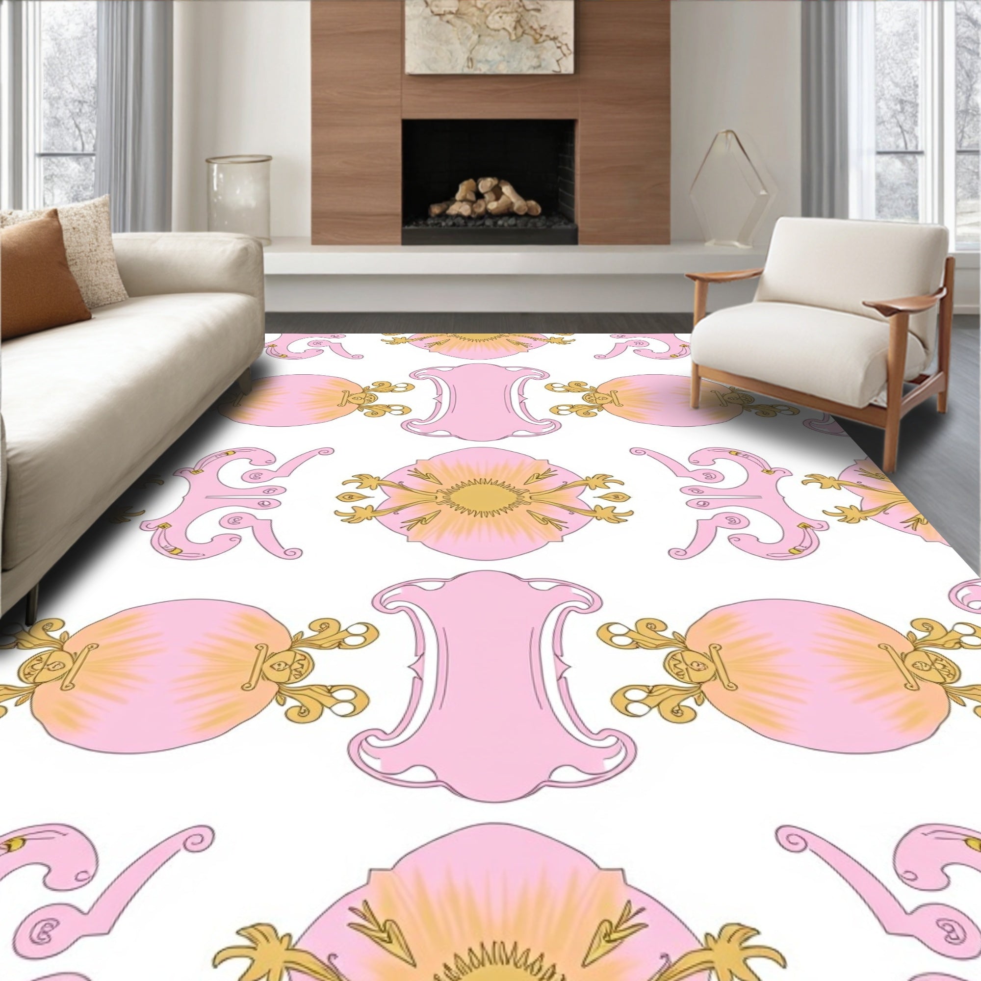 Pink Golden Baroque Oval Medallion Rug