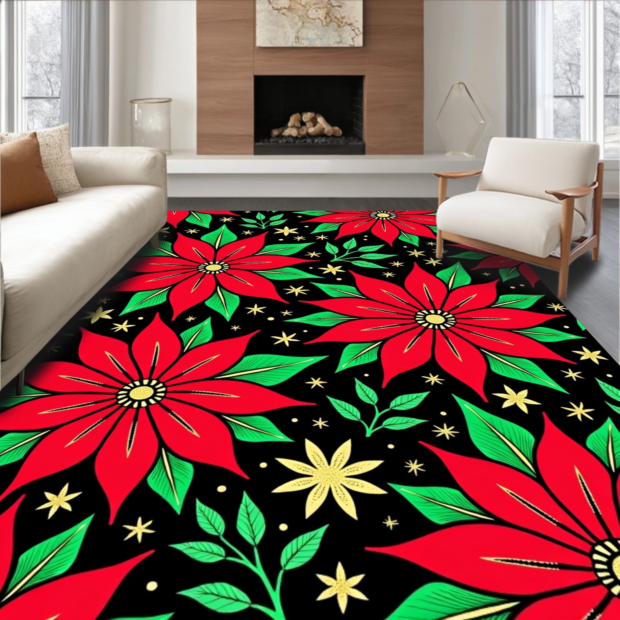 Red Poinsettia Floral Stars Black Rug