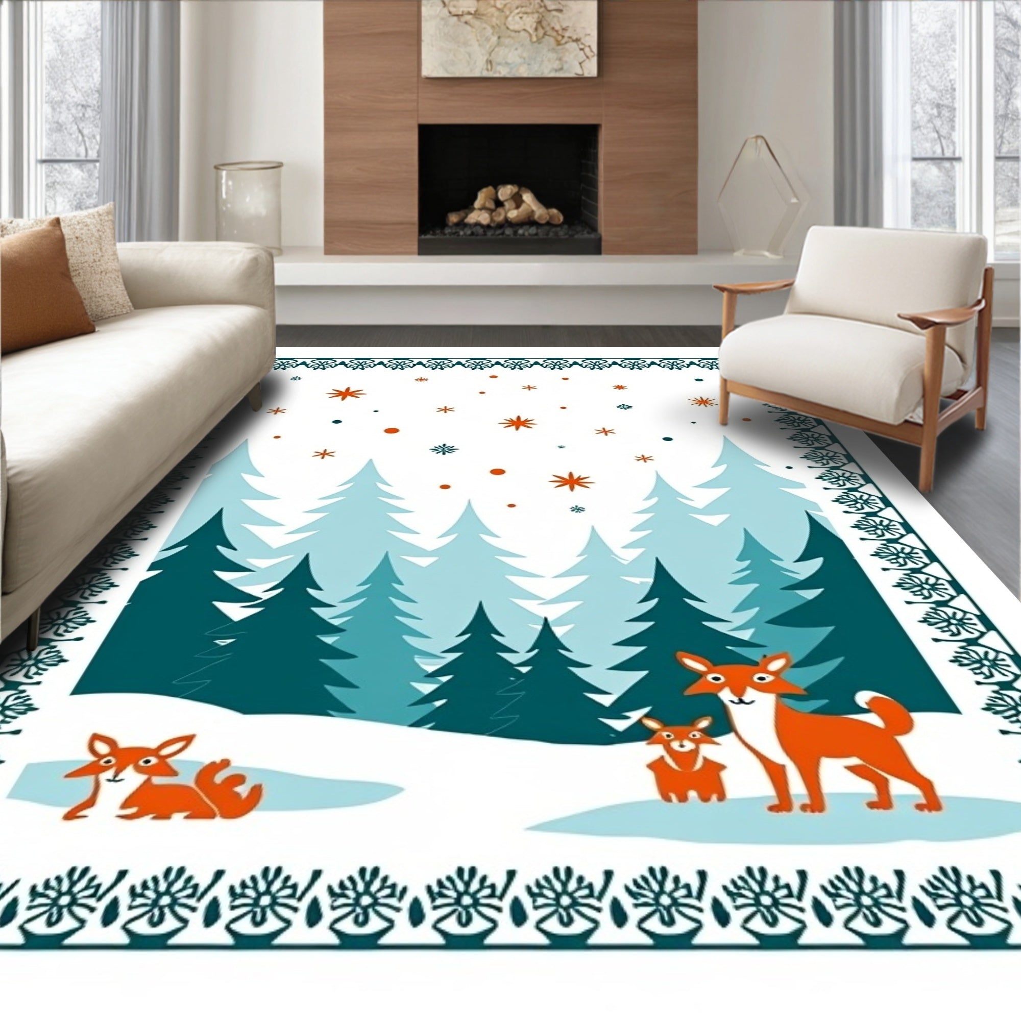 Whimsical Fox Family Winter Forest Rug