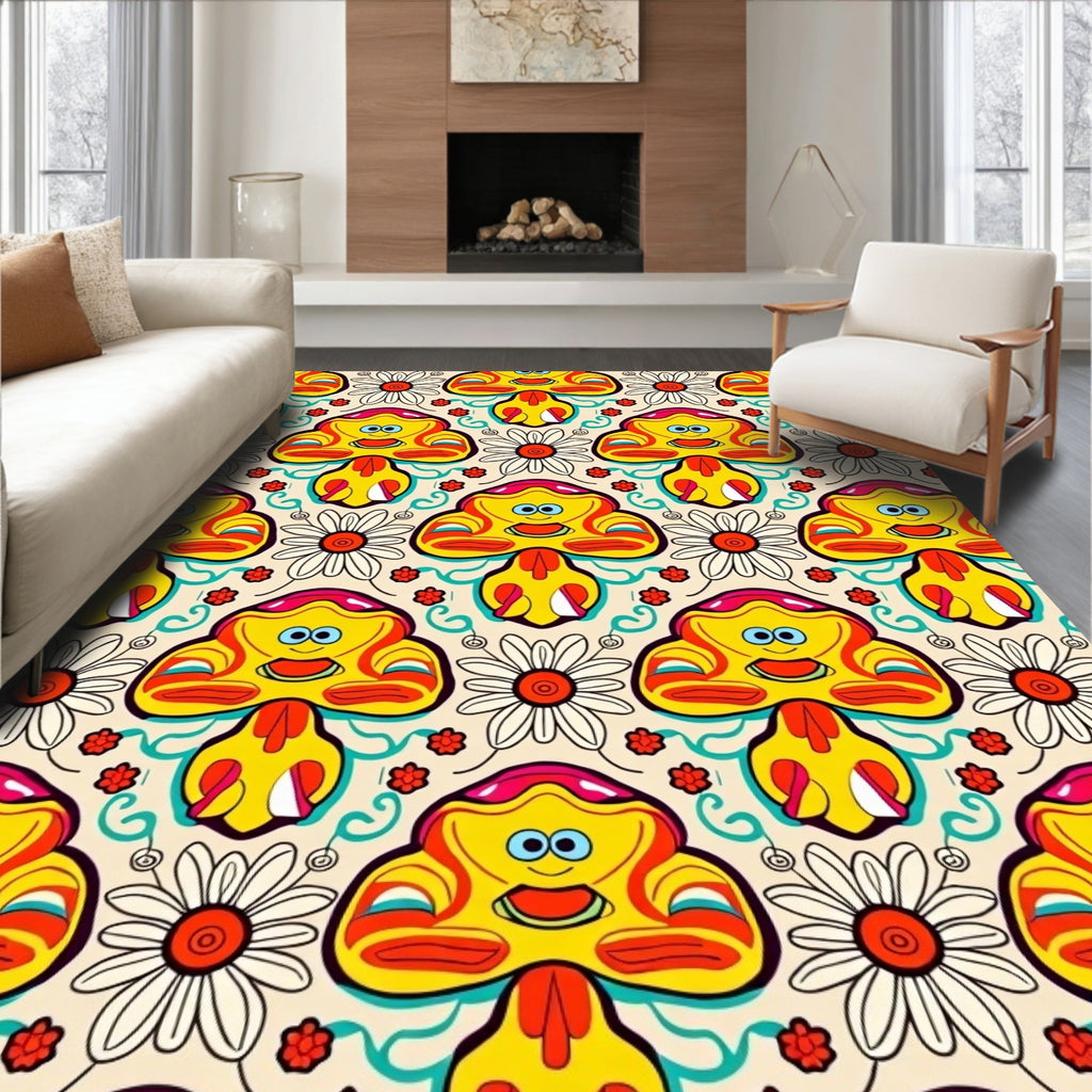 Groovy Yellow Mushroom Daisy Swirl Rug