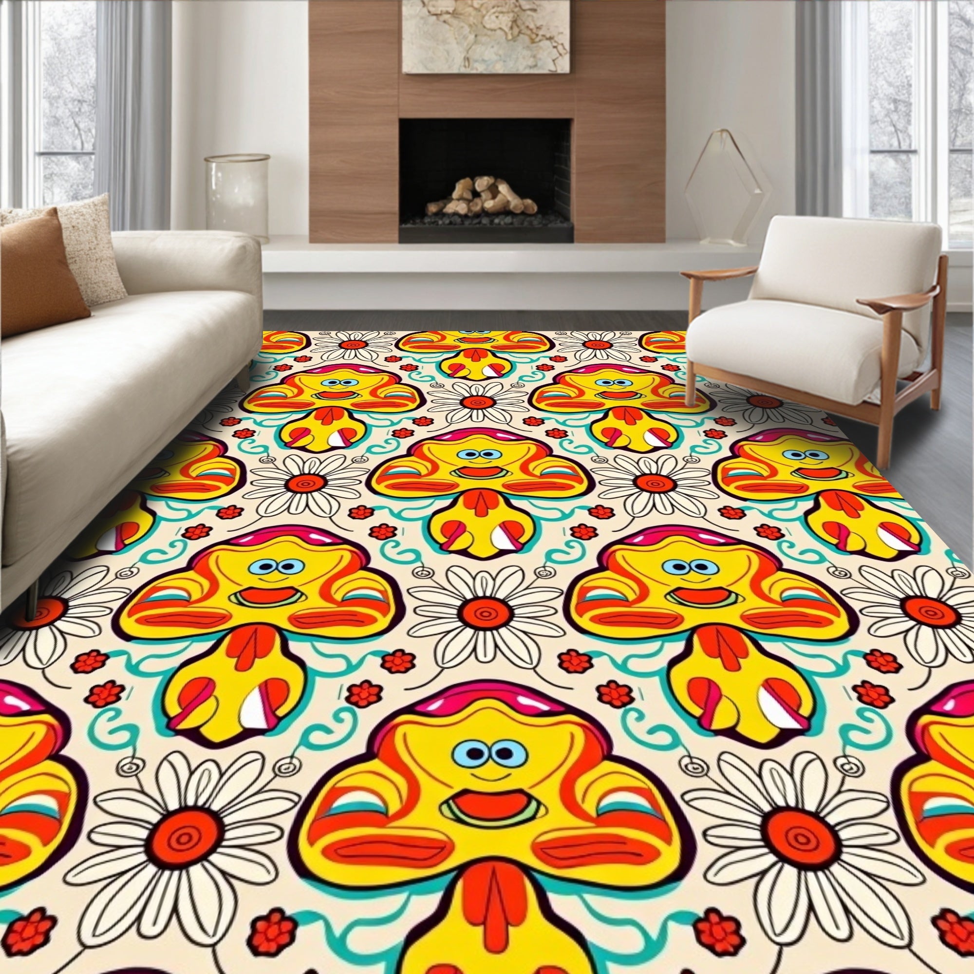 Groovy Yellow Mushroom Daisy Swirl Rug