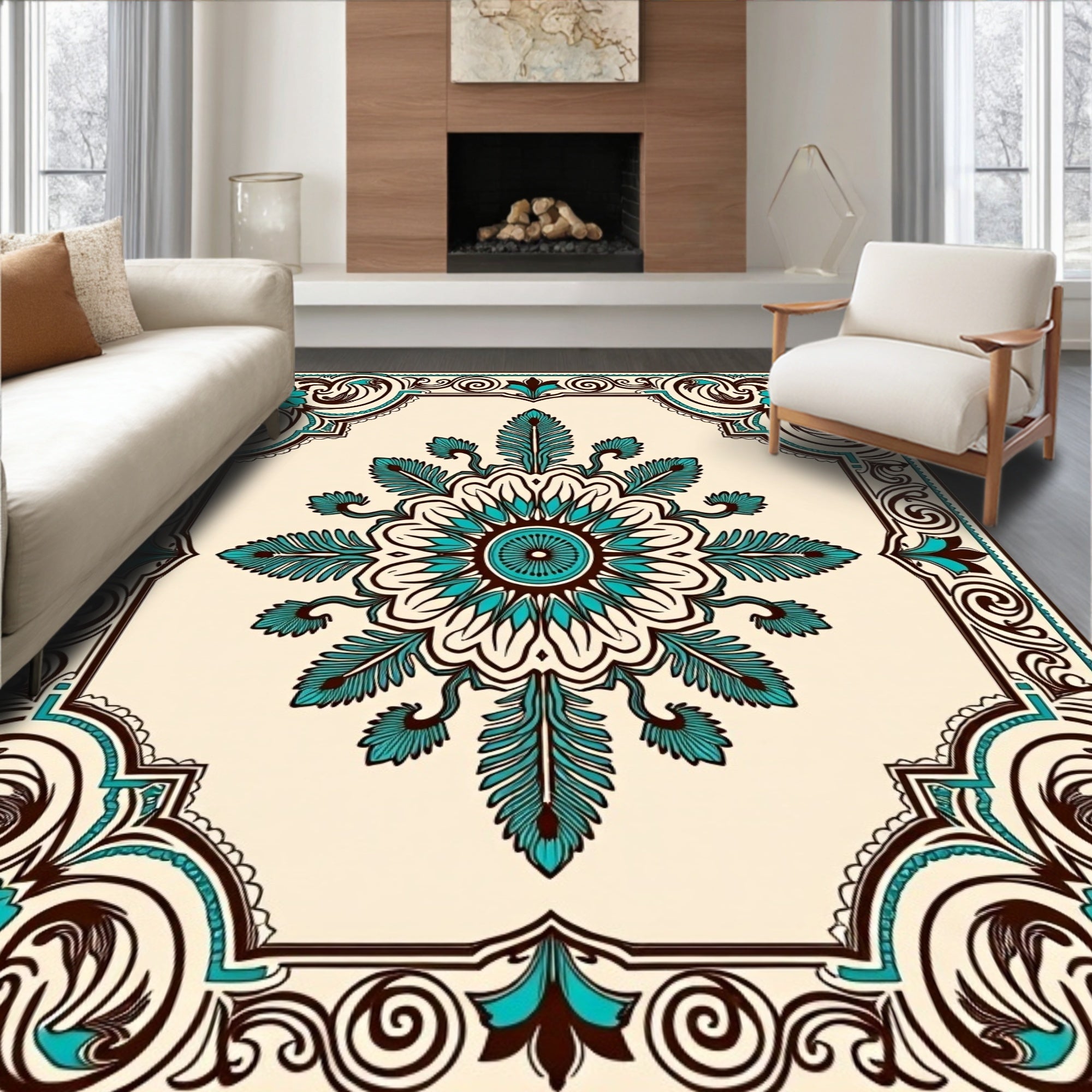 Turquoise Brown Floral Medallion Border Rug