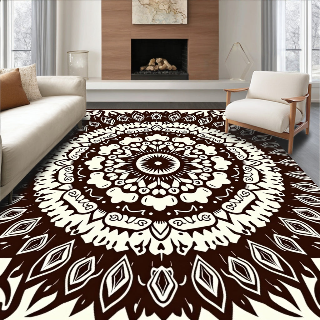 Dark Brown White Radial Mandala Rug