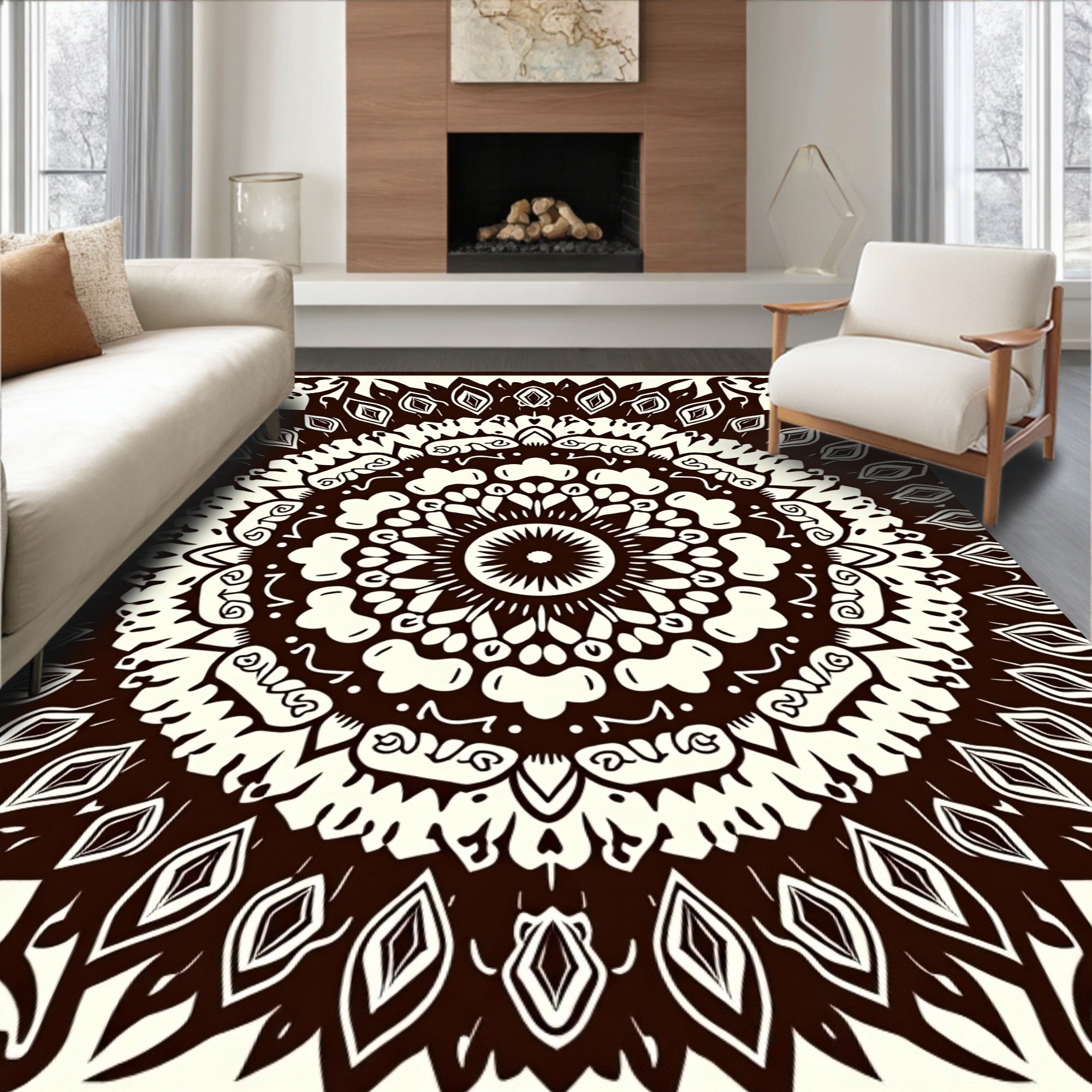 Dark Brown White Radial Mandala Rug