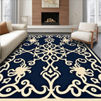 Ornate Ivory Floral Medallion Navy Rug
