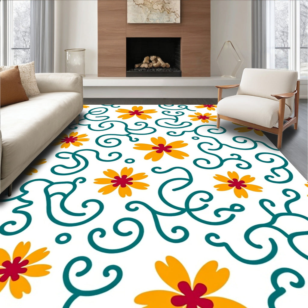 Cheerful Yellow Floral Swirls Rug