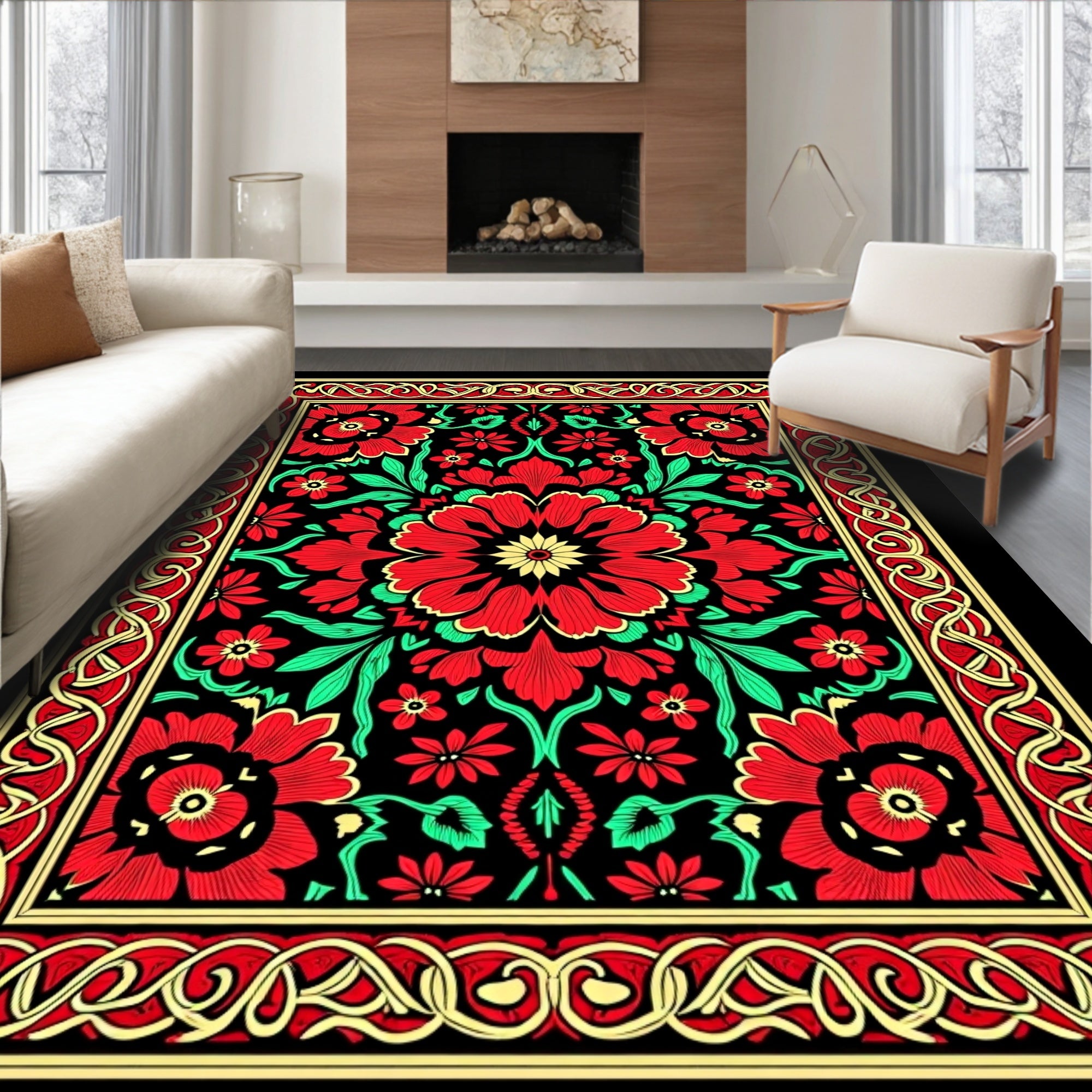 Ornate Red Floral Black Medallion Rug
