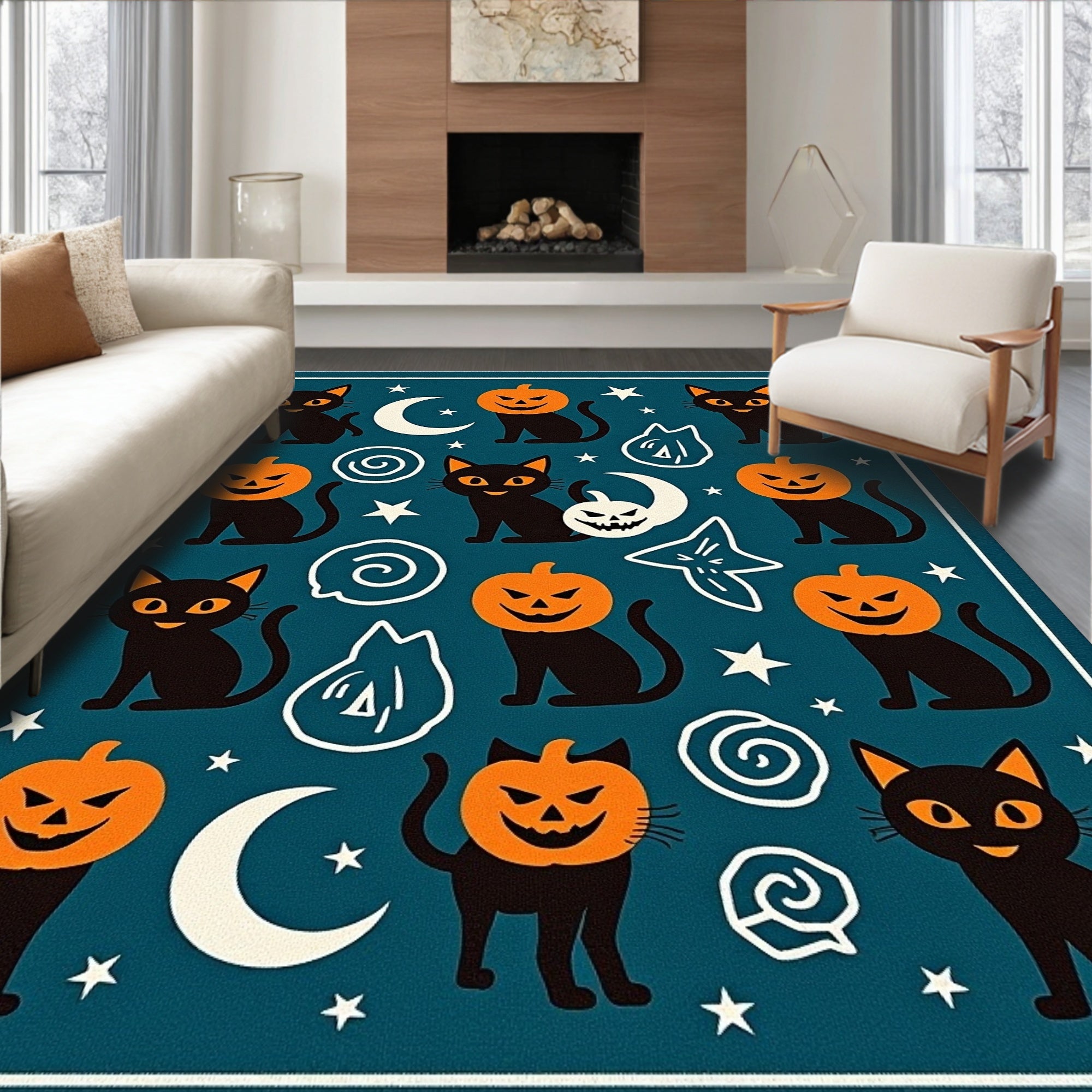 Spooky Black Cats Pumpkin Heads Halloween Rug
