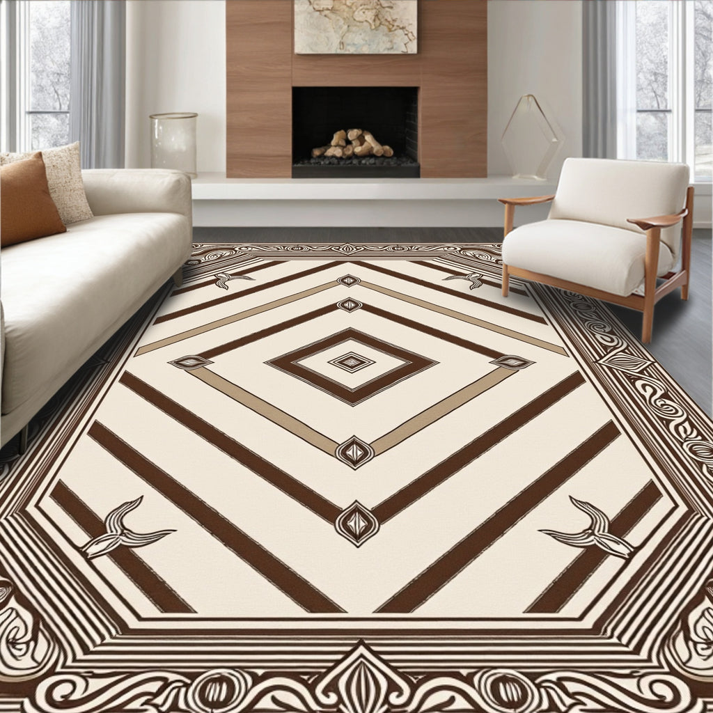Brown Cream Octagon Geometric Striped Rug