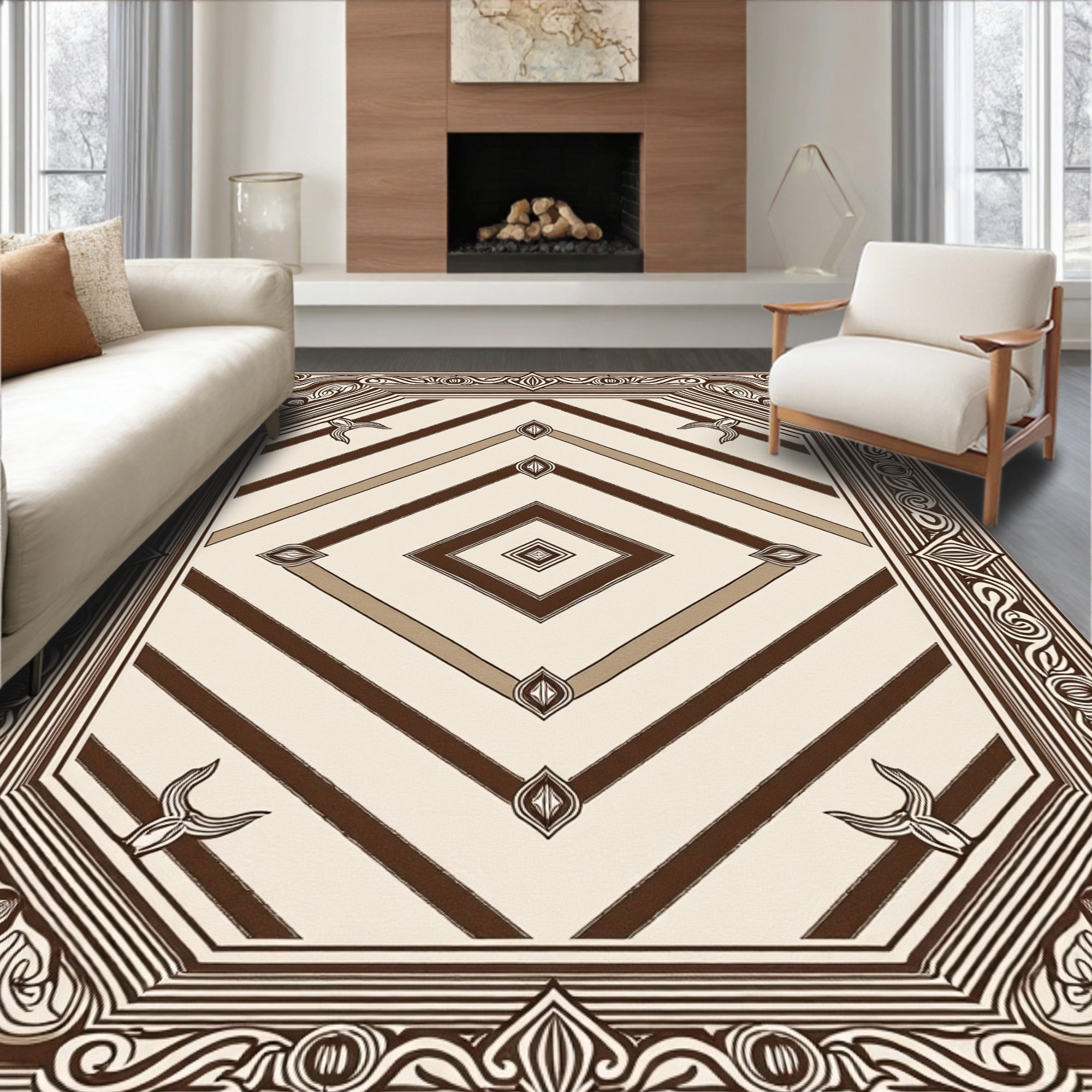 Brown Cream Octagon Geometric Striped Rug