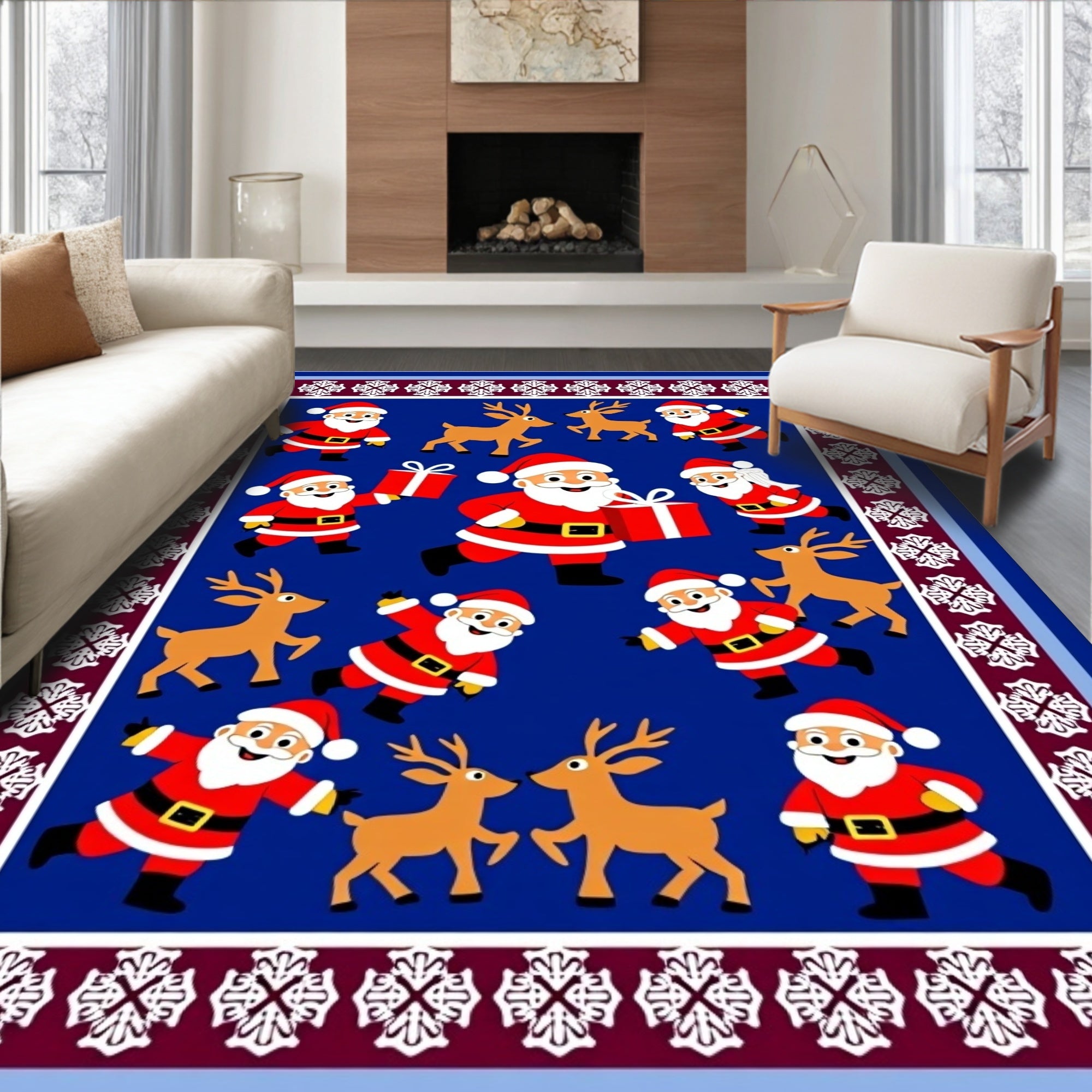 Cheerful Santa Claus Reindeer Christmas Rug