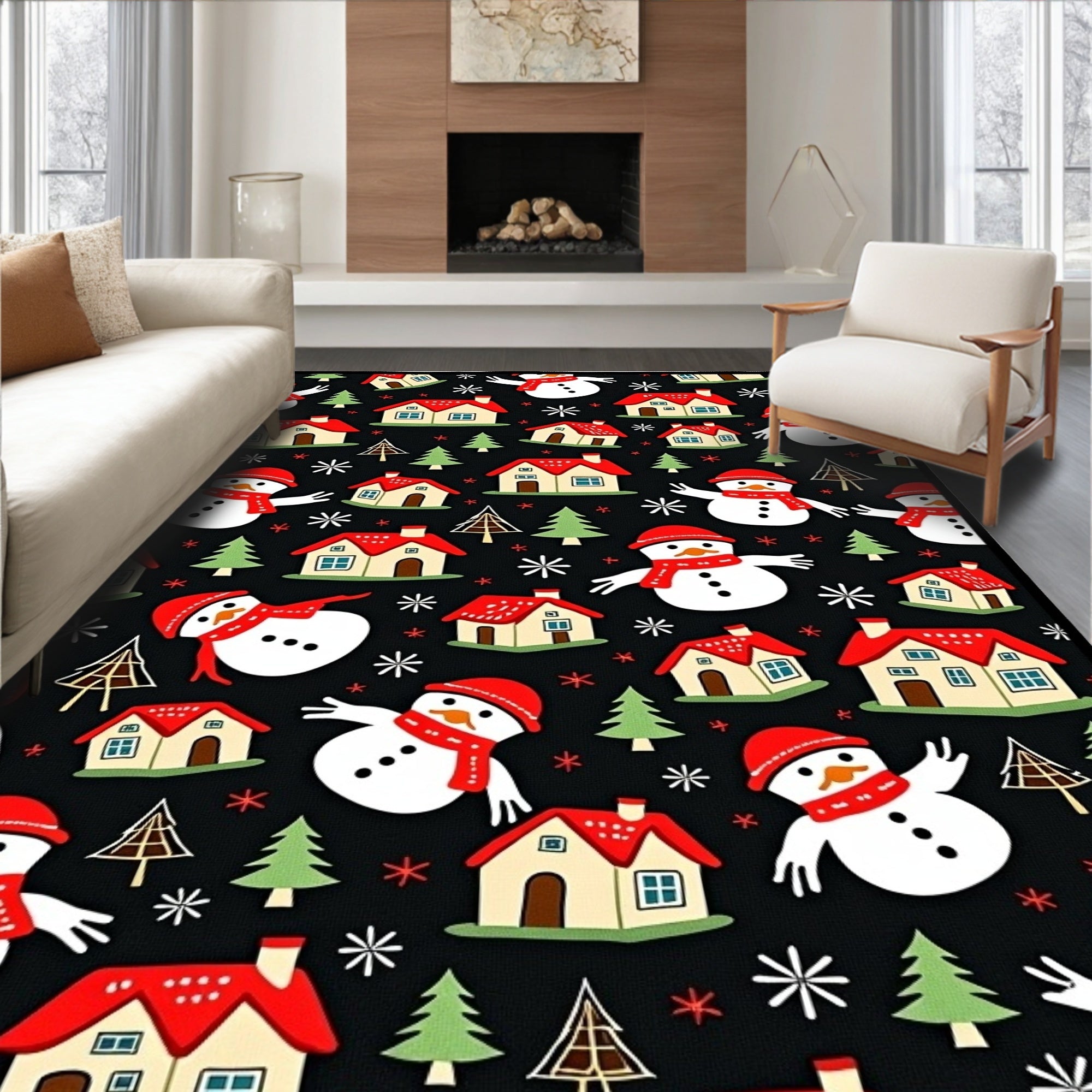 Playful Snowmen Red Roof Houses Rug