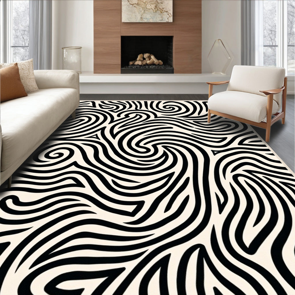 Abstract Black Swirl Maze Rug
