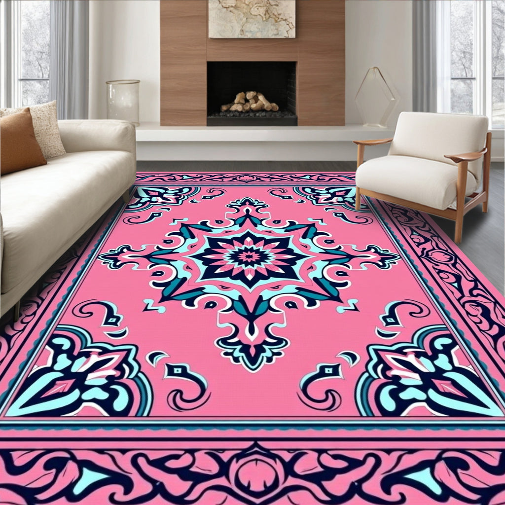 Pink Teal Floral Mandala Border Rug