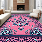 Pink Teal Floral Mandala Border Rug