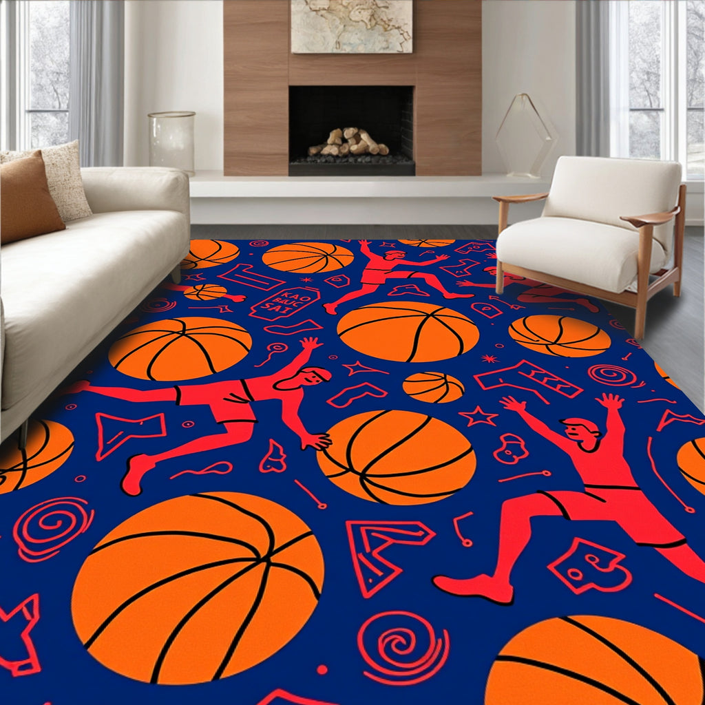 Orange Basketball Players Jumping Blue Background Rug
